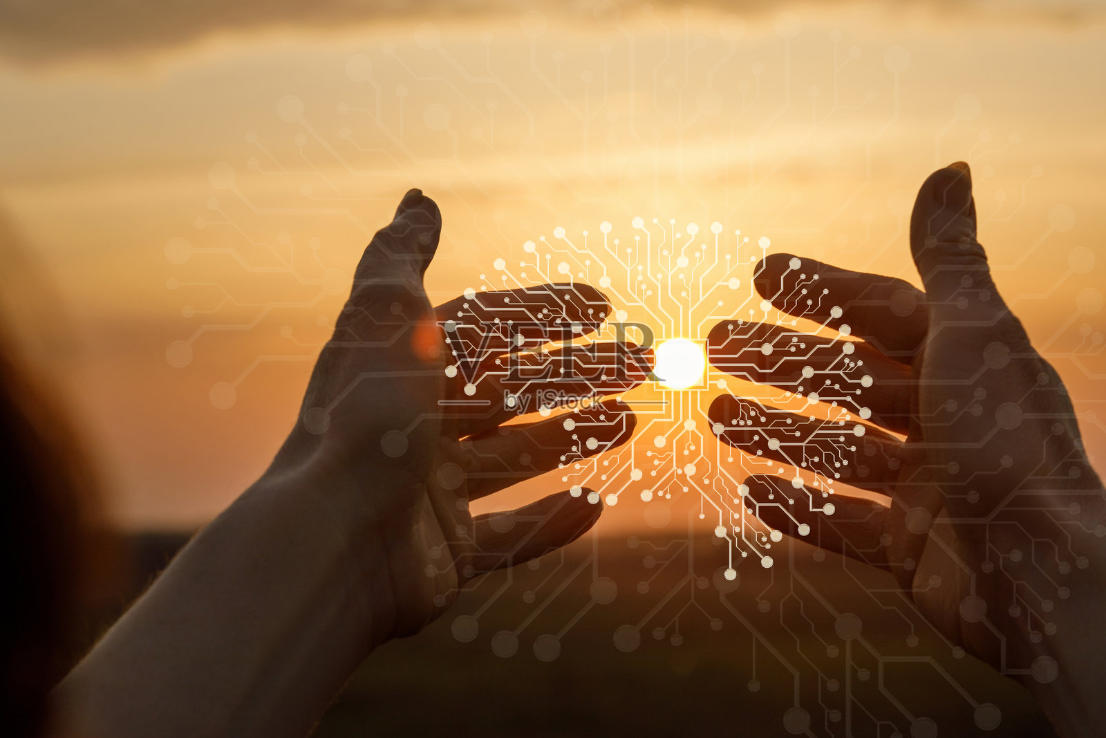 人工智能与日落。照片摄影图片