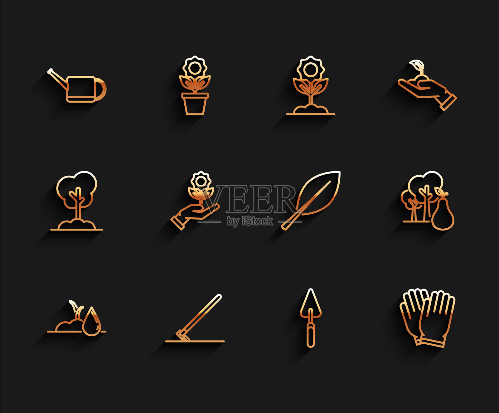 浇水的幼苗、园艺耙、罐子、铲子、手套、手握花朵、结有梨子的树和叶子图标。矢量图。插画图片素材