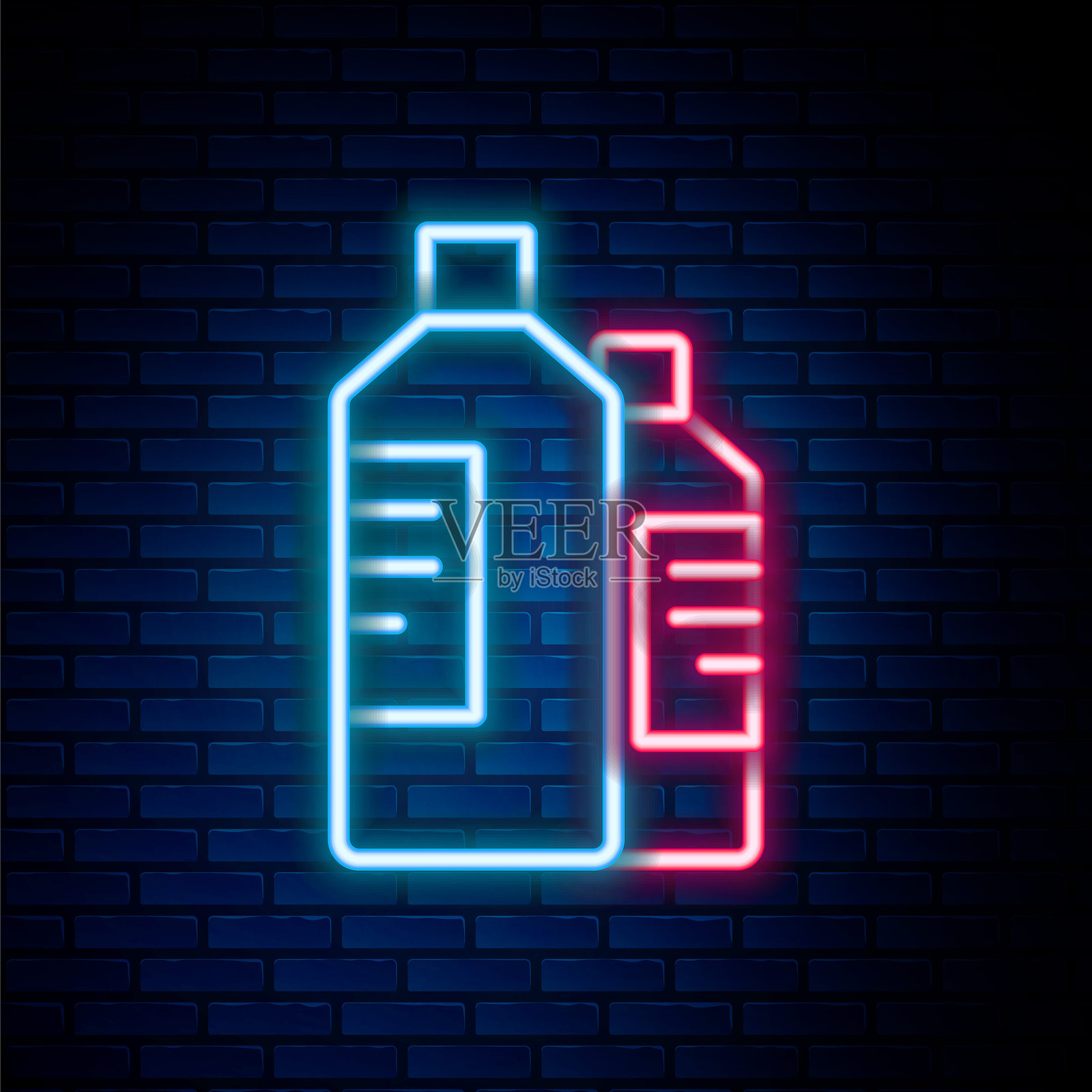 发光的霓虹线条塑料瓶图标，用于洗衣液、漂白剂、洗洁精或其他清洁剂，背景为砖墙。彩色轮廓概念。矢量图。插画图片素材