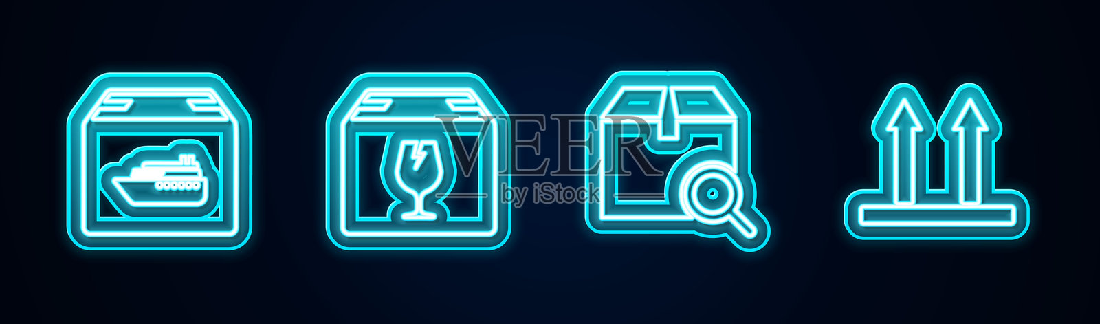 货船上装载着箱子，运送易碎物品，寻找包裹，注意此面朝上。发光的霓虹图标。矢量图。插画图片素材