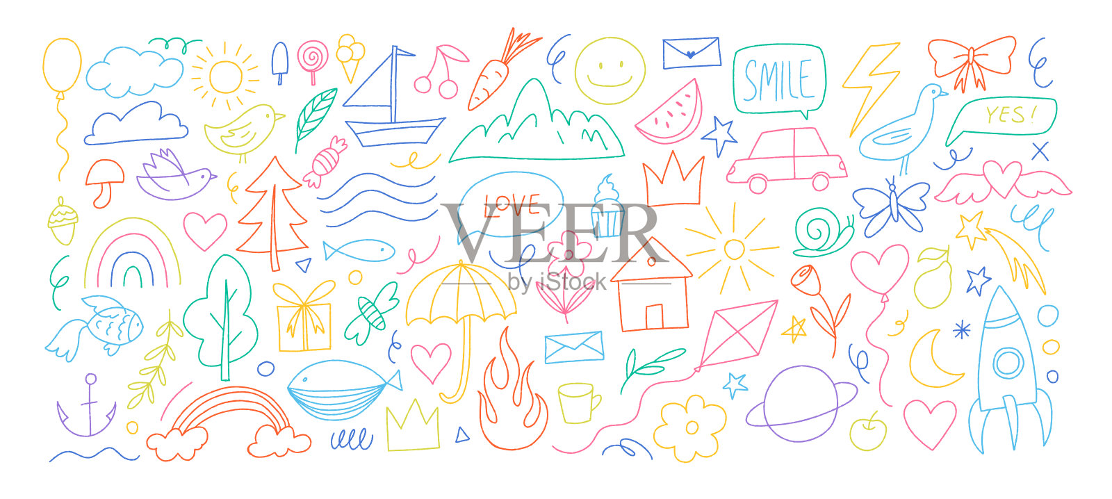 色彩丰富的可爱儿童涂鸦元素集合。云彩、彩虹、树、房子、太空。手绘涂鸦草图儿童元素套装。简单的线条风格儿童物体。现代矢量套装。插画图片素材
