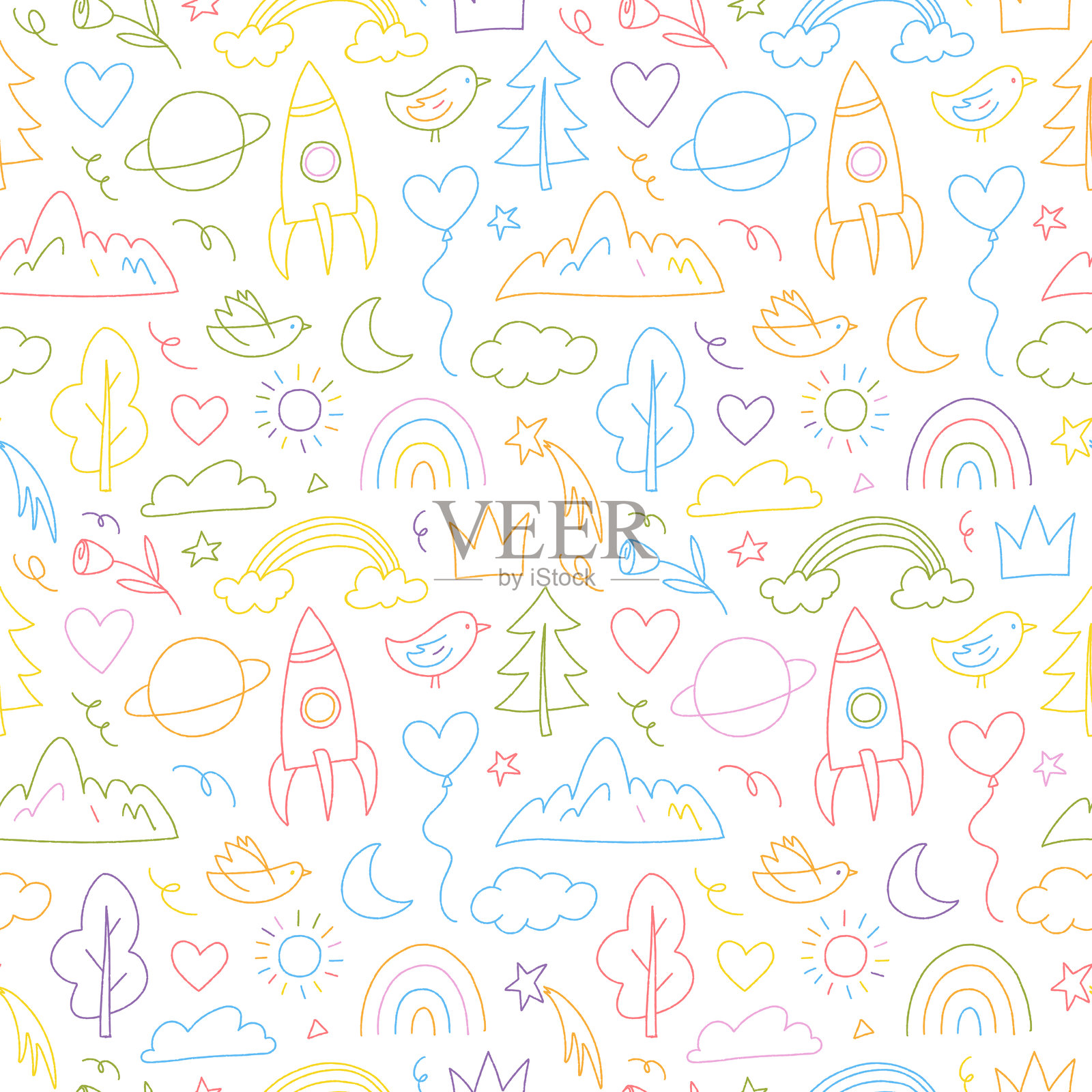 色彩丰富的可爱无缝图案，包含儿童涂鸦。轮廓描绘了各种儿童物品，如星星、云朵、火箭、行星和王冠。创意简单风格的背景，配有可爱的形状和装饰元素。插画图片素材