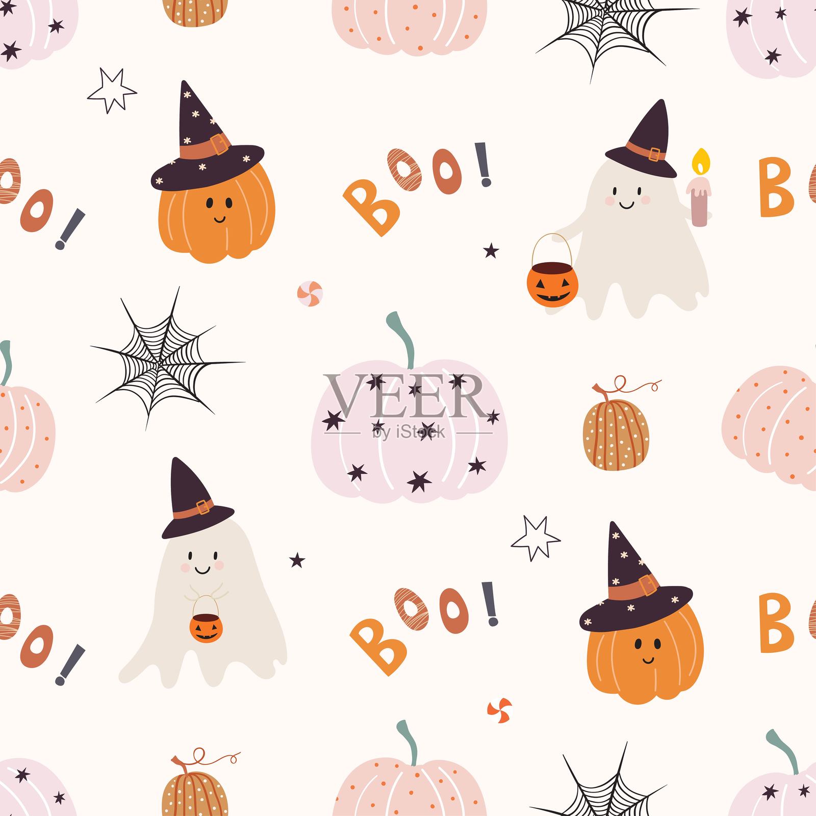 万圣节无缝图案，包含鬼魂和南瓜，装饰性背景，节日背景插画图片素材