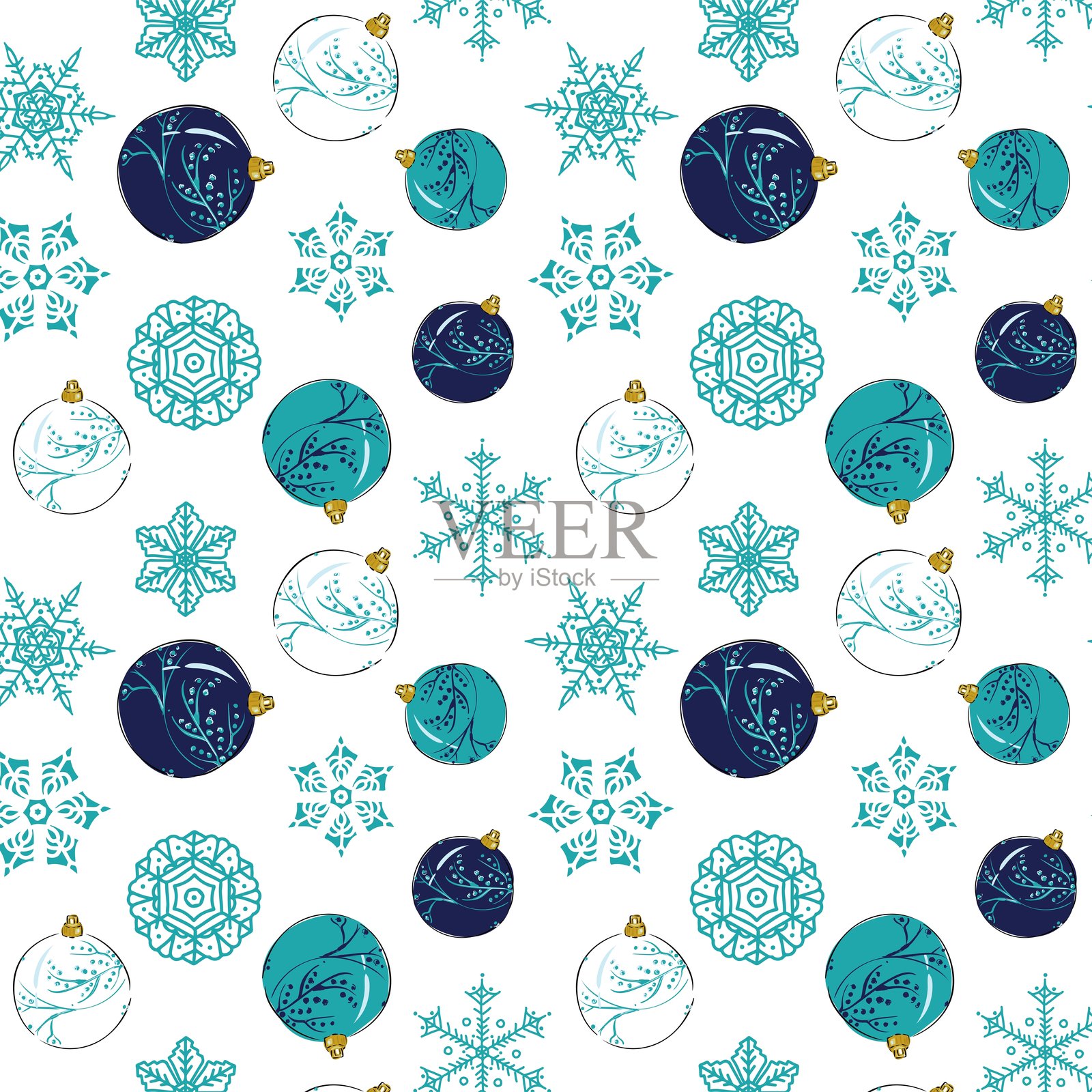 不同雪花和圣诞树装饰的春节假日图案。插画图片素材