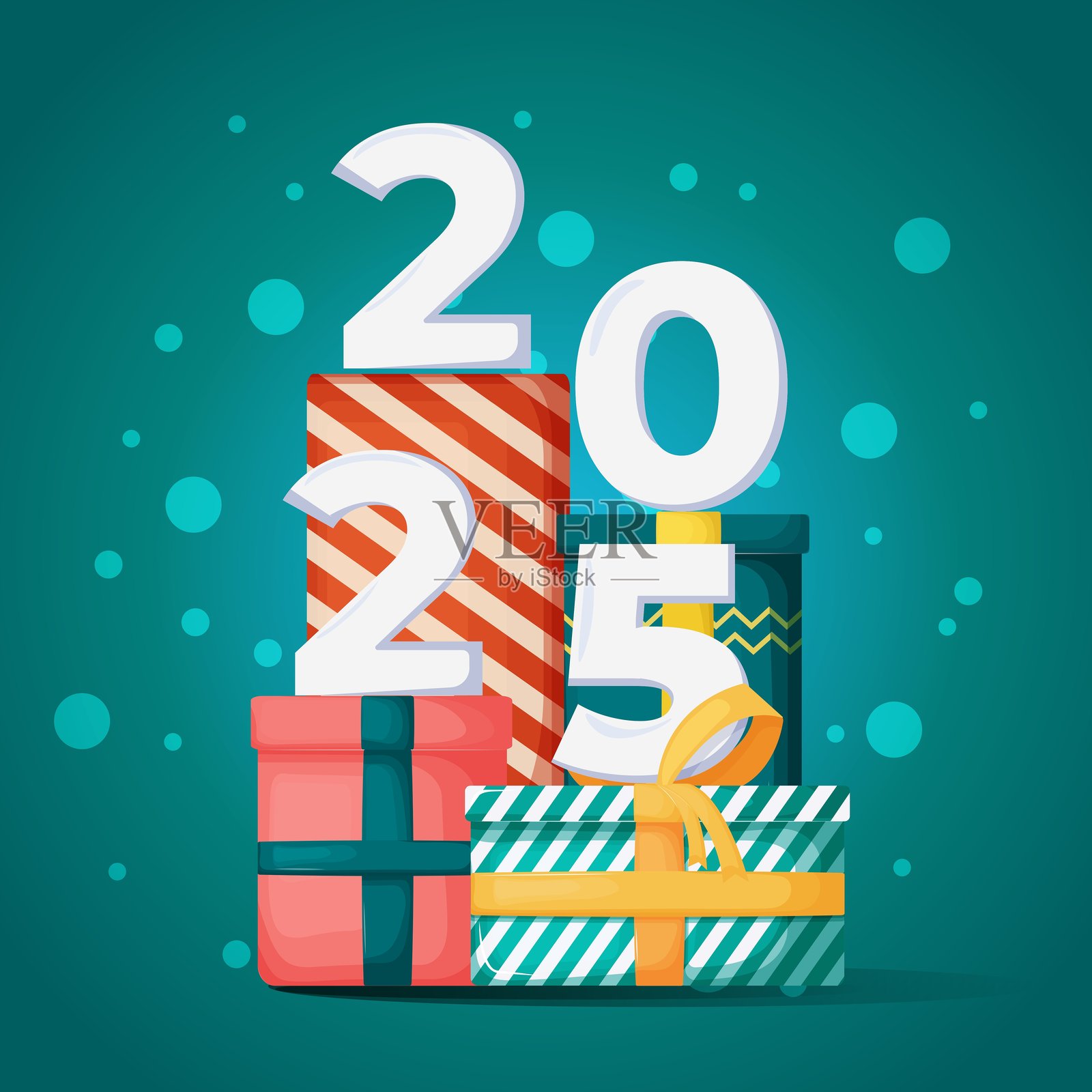 社交网络的方形帖子设计。第二幅插图展示了2025数字置于一堆节日礼物包装上。新年活动的帖子设计。插画图片素材