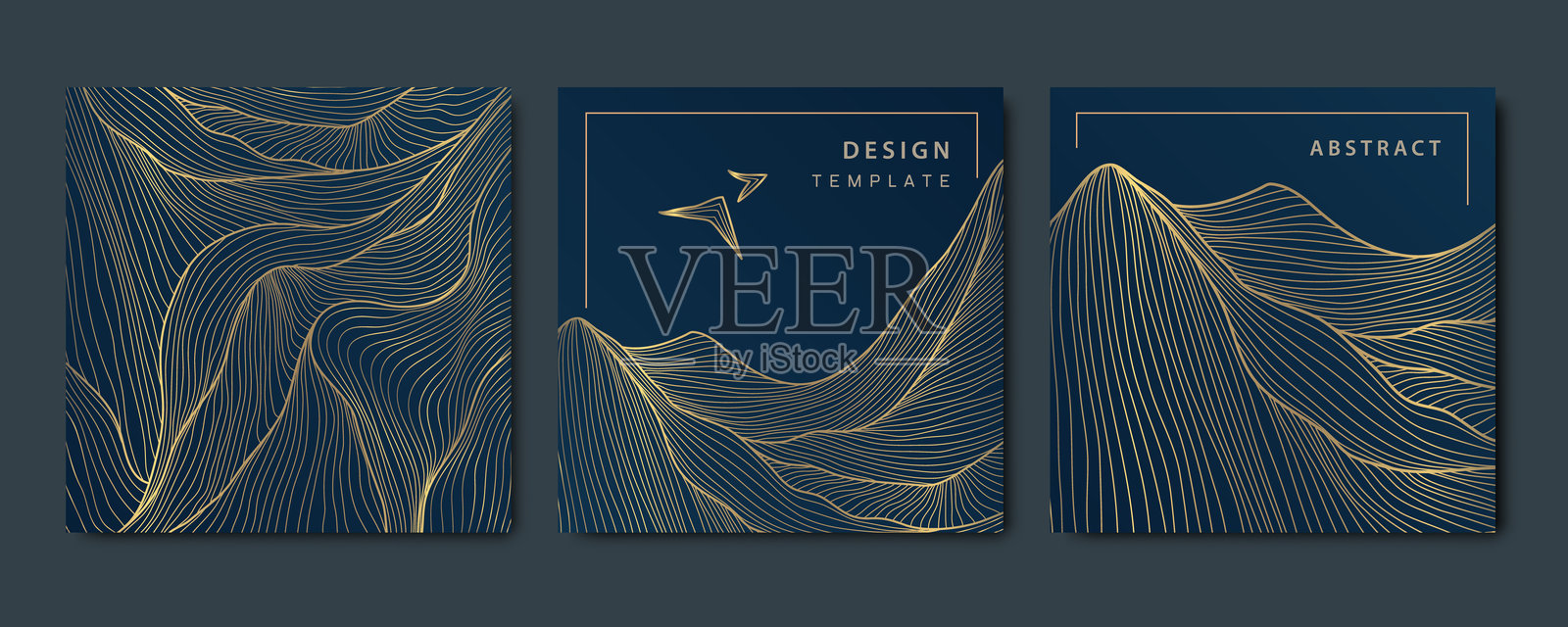 金色山脉艺术的矢量图集，风景标签，海报。风景与飞鸟横幅，方形卡片，日本风格插图。插画图片素材