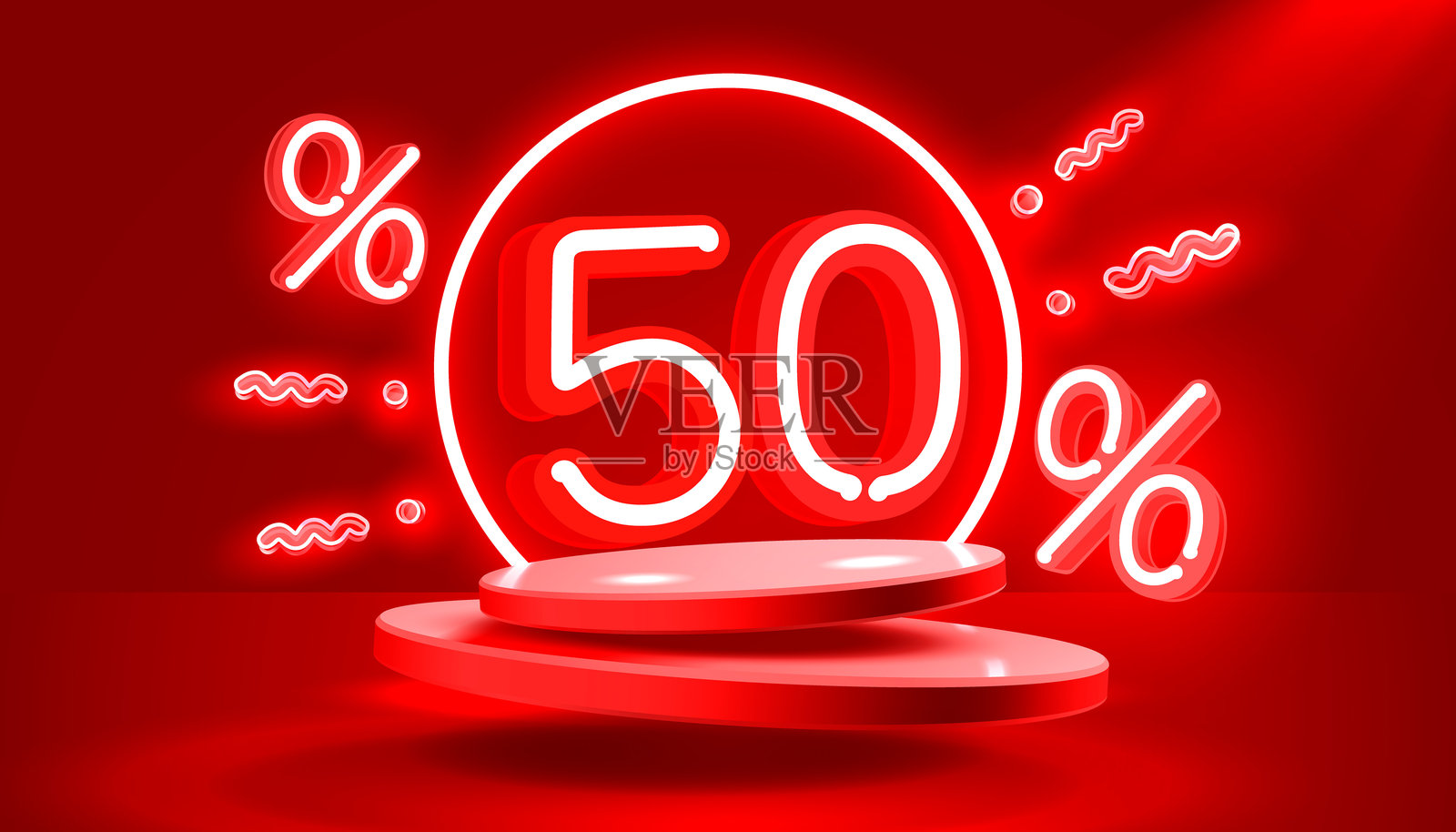 特大促销特别优惠，霓虹灯50折促销横幅。招牌推广。矢量插图插画图片素材