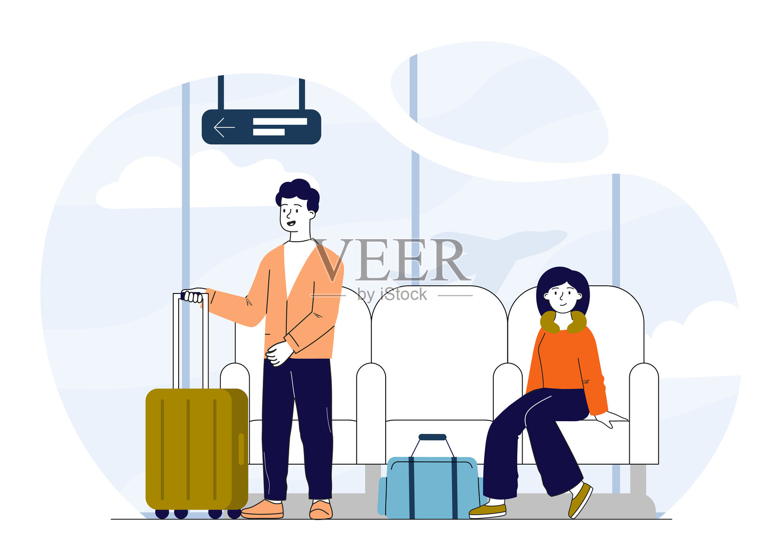 人们在机场等待。男士和女士坐在椅子上等待航班。因航班延误而等待的旅客。假期和旅游，线性矢量插图。插画图片素材