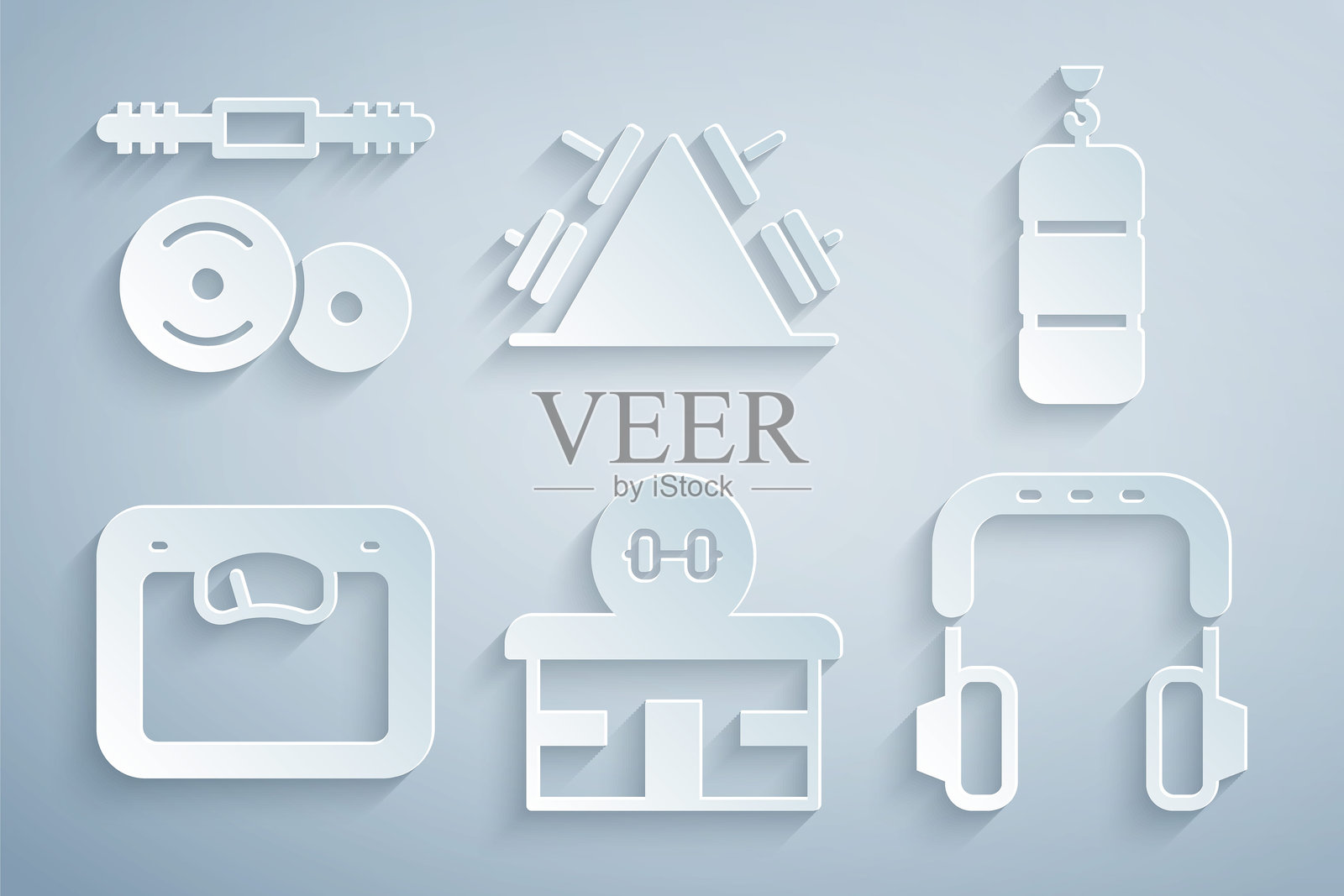 健身房建筑、拳击沙袋、浴室秤、耳机、带重物的金属架和杠铃图标。矢量图。插画图片素材