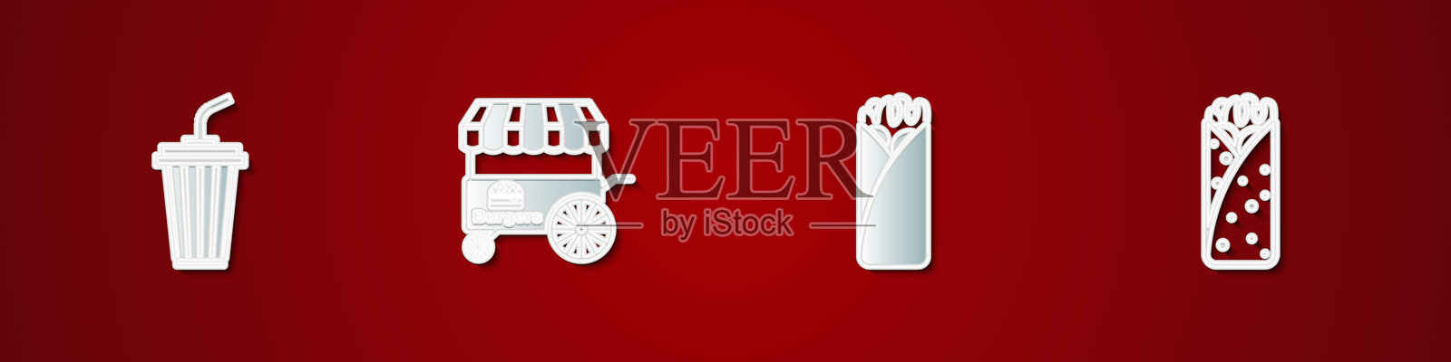 装有水的玻璃杯，快速街头食品车，墨西哥卷饼和图标。矢量图。插画图片素材