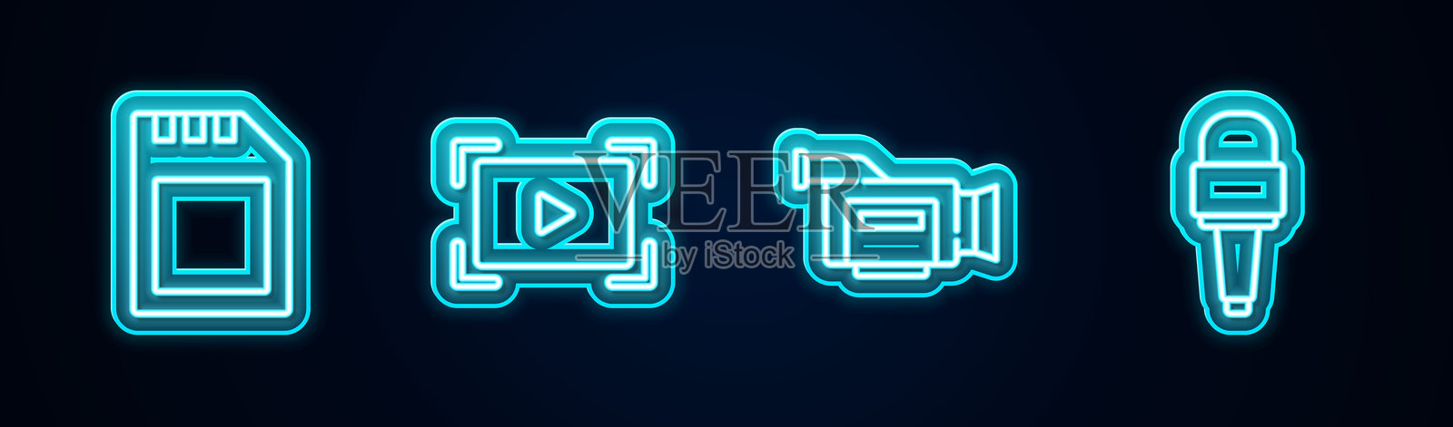 设置线SD卡、在线视频播放、电影摄像机和麦克风。发光霓虹图标。矢量图。插画图片素材