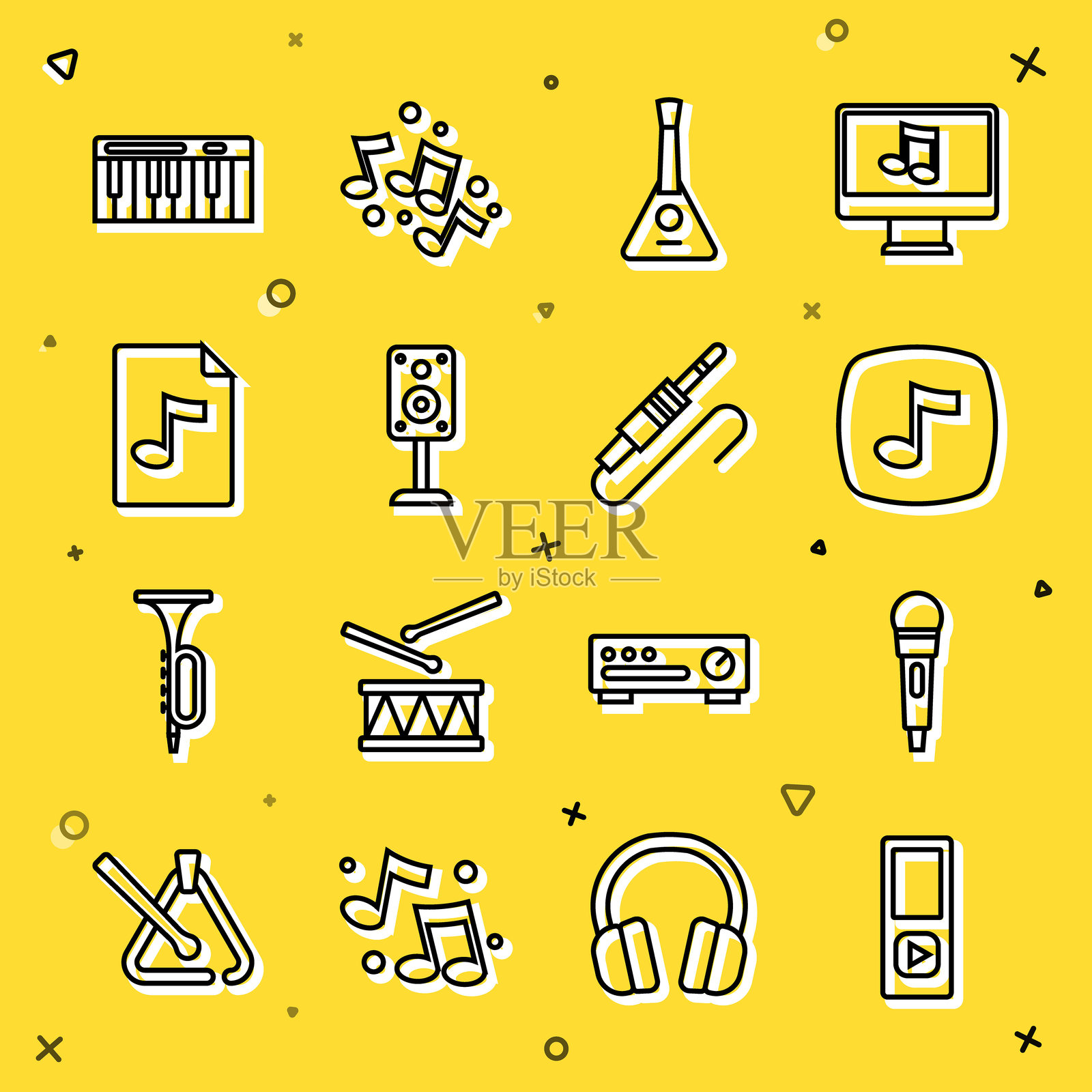 音乐播放器、麦克风、音符、音调、巴拉莱卡、立体声扬声器、MP3文件文档、合成器和音频插孔图标。矢量图。插画图片素材