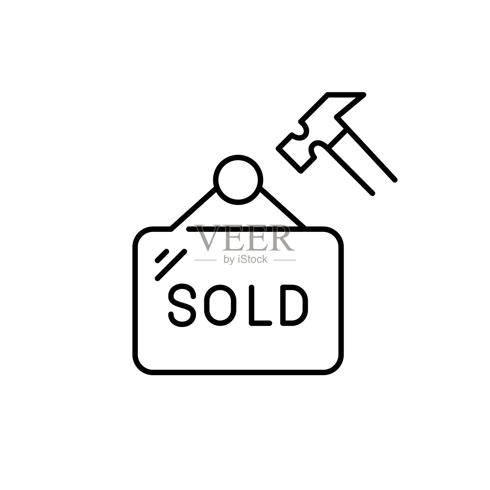 锤子和出售标志。房地产代理。像素完美，可编辑的线条图标插画图片素材