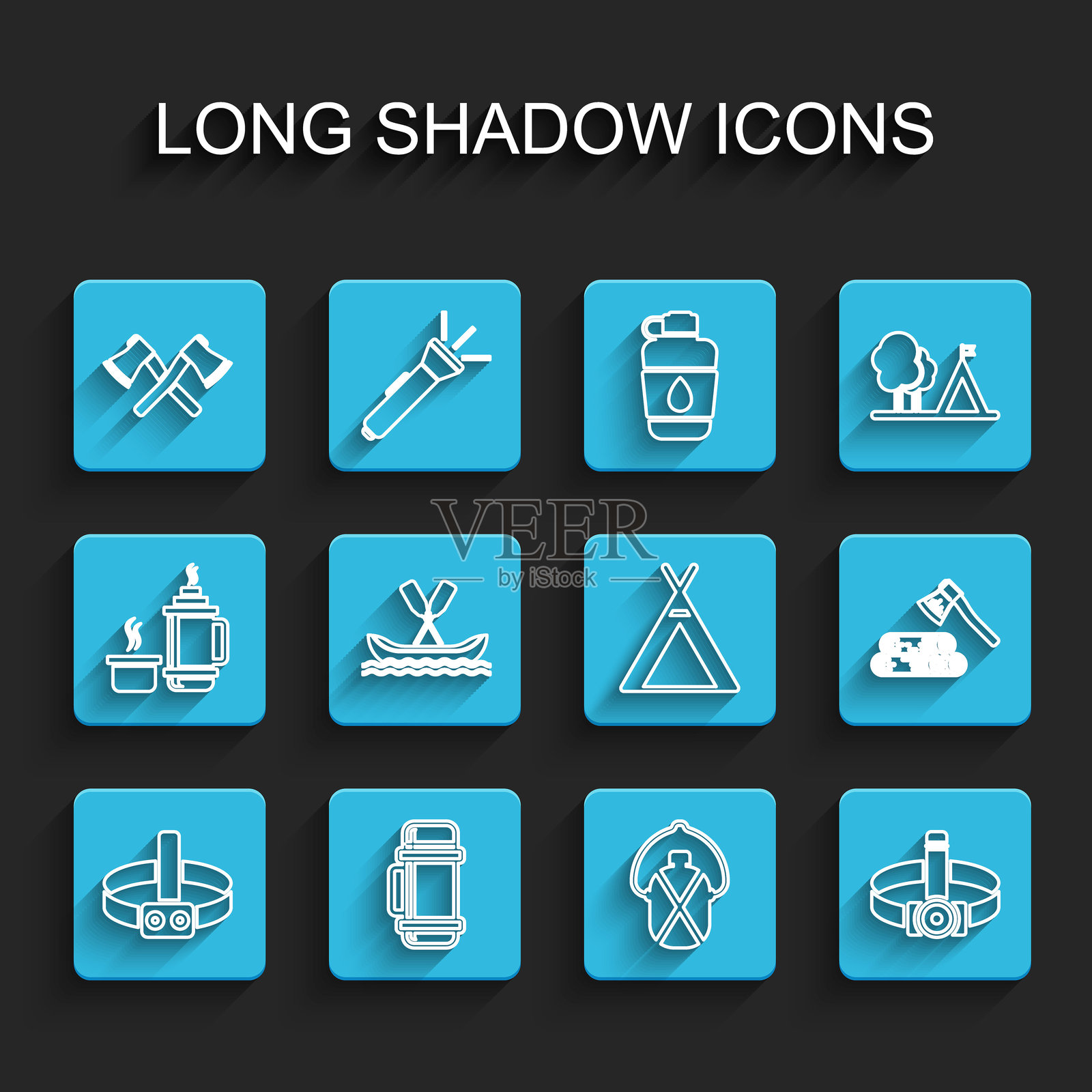 头灯、保温瓶、交叉木斧、水壶、漂流船、木制和旅游帐篷图标。矢量图。插画图片素材