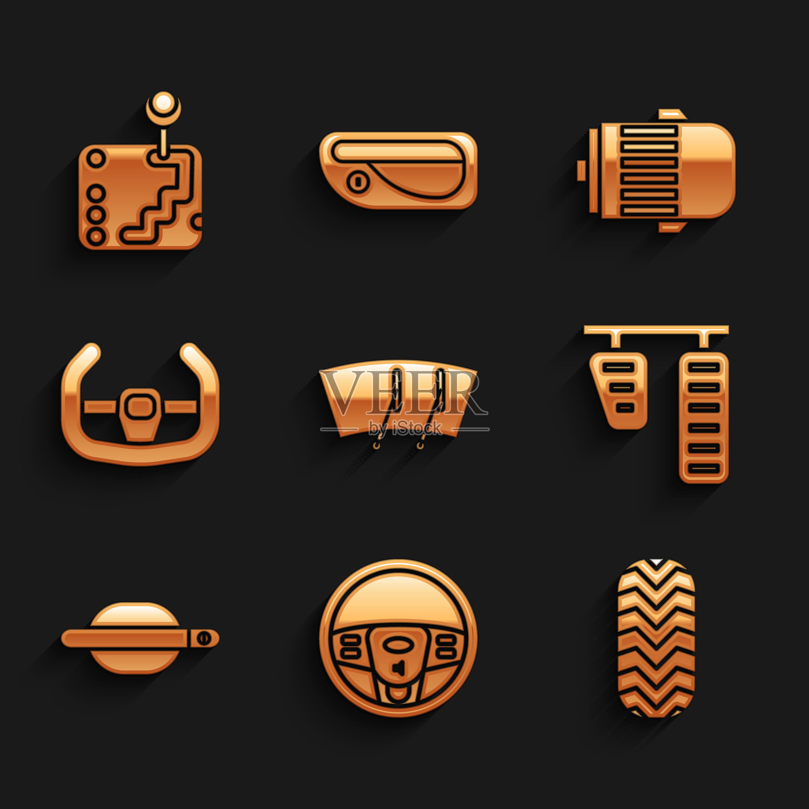 挡风玻璃雨刷、方向盘、汽车轮胎、油门和刹车踏板、门把手、运动方向盘、电动引擎和换挡杆图标。矢量图。插画图片素材