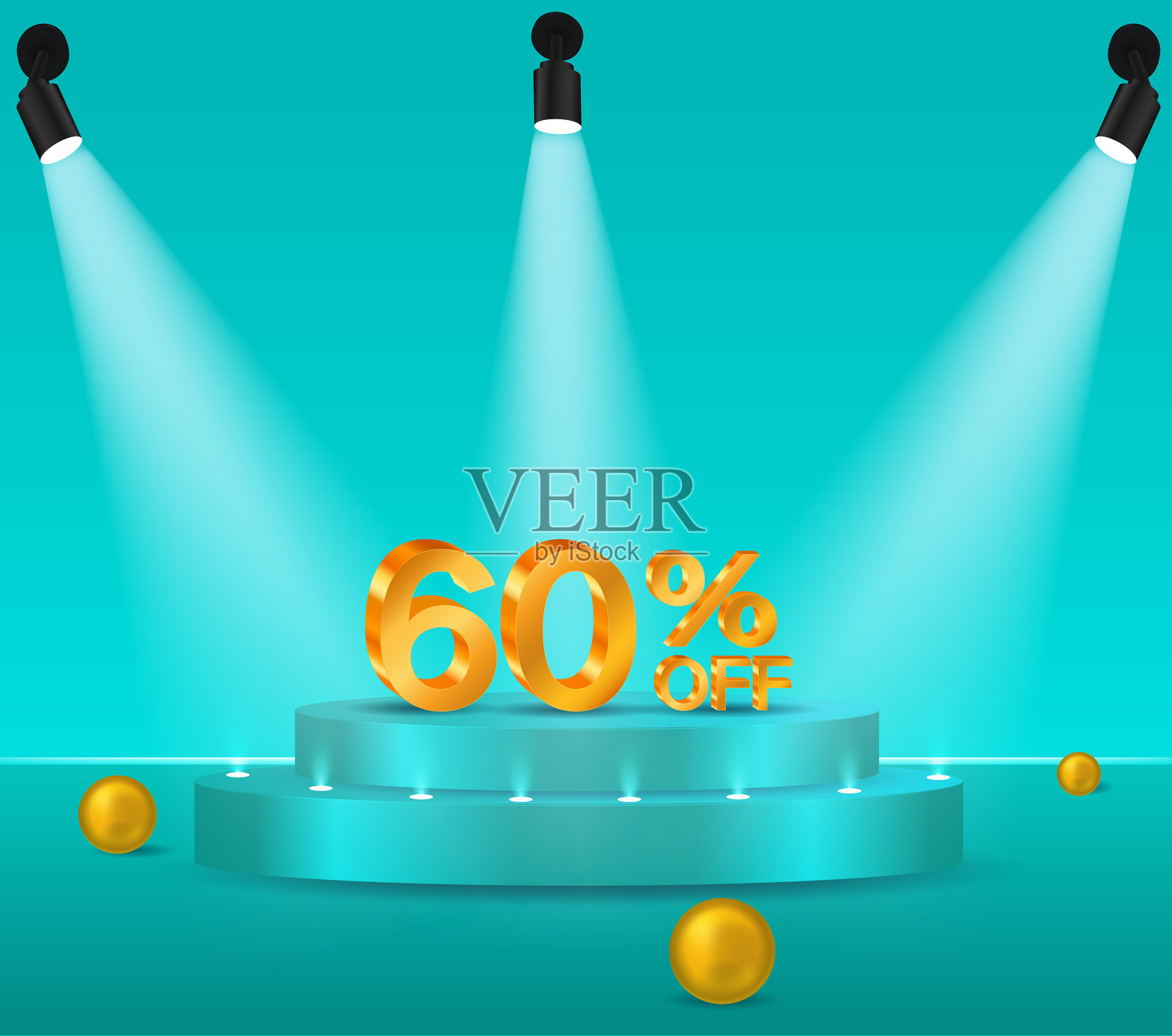 3D金色特惠六折。特别优惠六折。蓝色背景的领奖台。适合用于传单、横幅、广告、贴纸的大型商业活动。插画图片素材