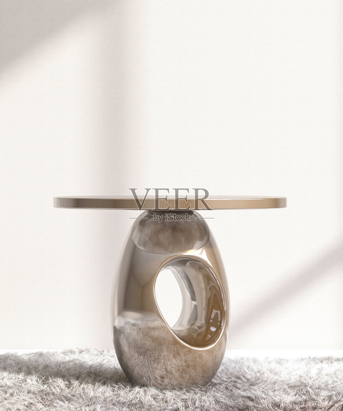 阳光下的圆形闪亮金色讲台桌，置于灰白色绒毛地毯上，适合奢华、优雅的化妆品、护肤品、身体护理和美容产品展示背景 3D照片摄影图片