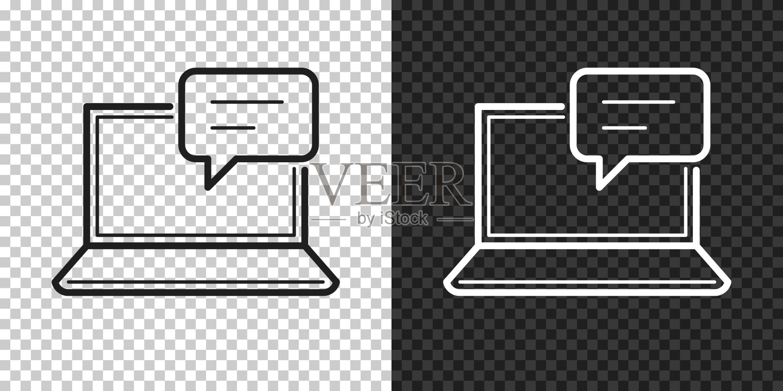 带有对话气泡的笔记本电脑。空白背景上的设计图标插画图片素材