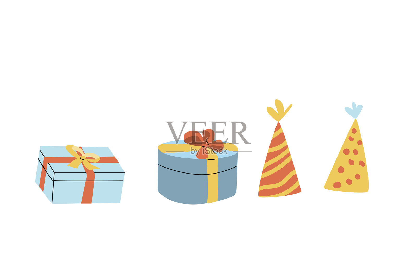 两个礼品盒和派对帽子，孤立的手绘插图插画图片素材