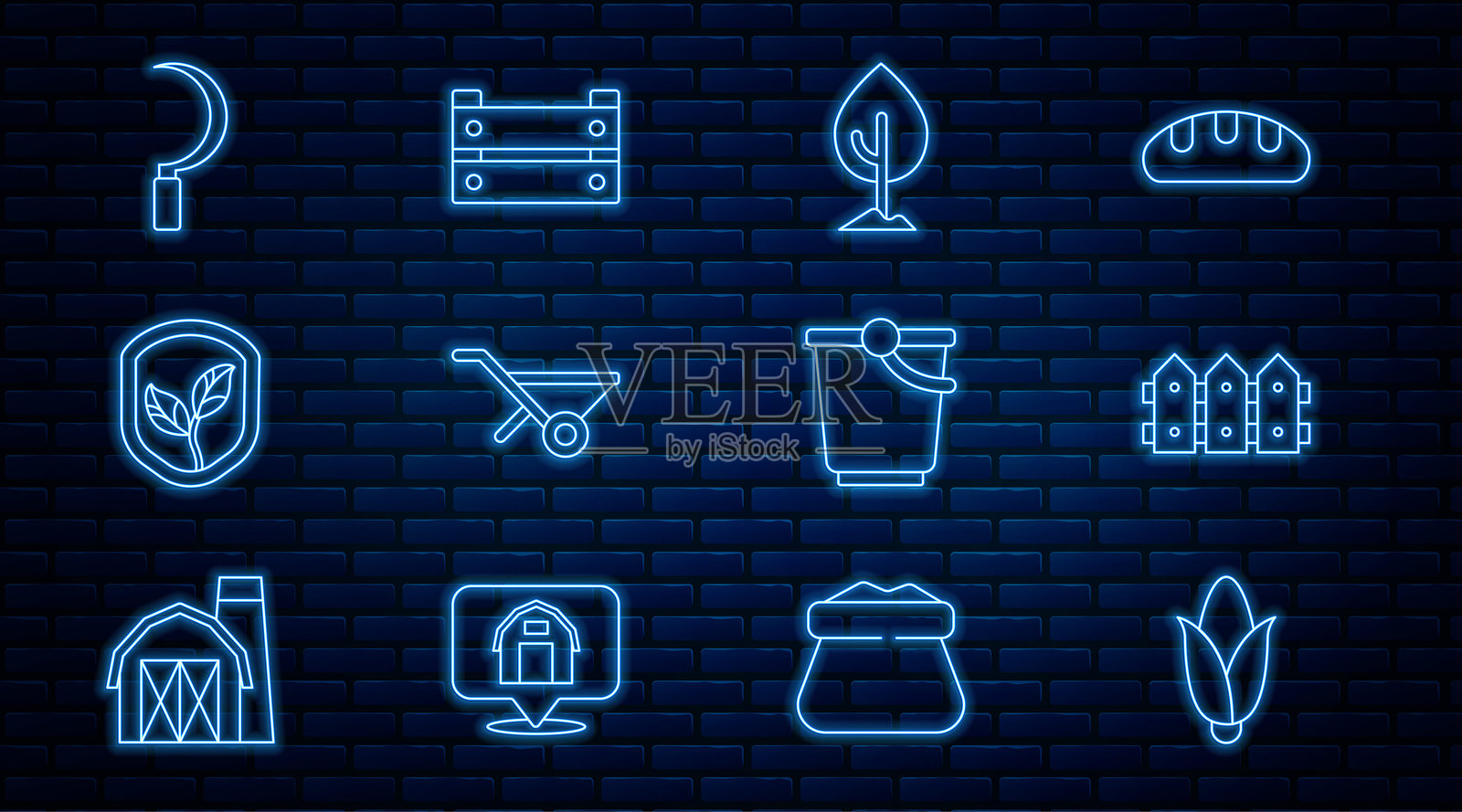 设置线条玉米、花园木栅栏、树木、手推车、带叶子的盾牌、镰刀、桶和木箱图标。矢量图。插画图片素材