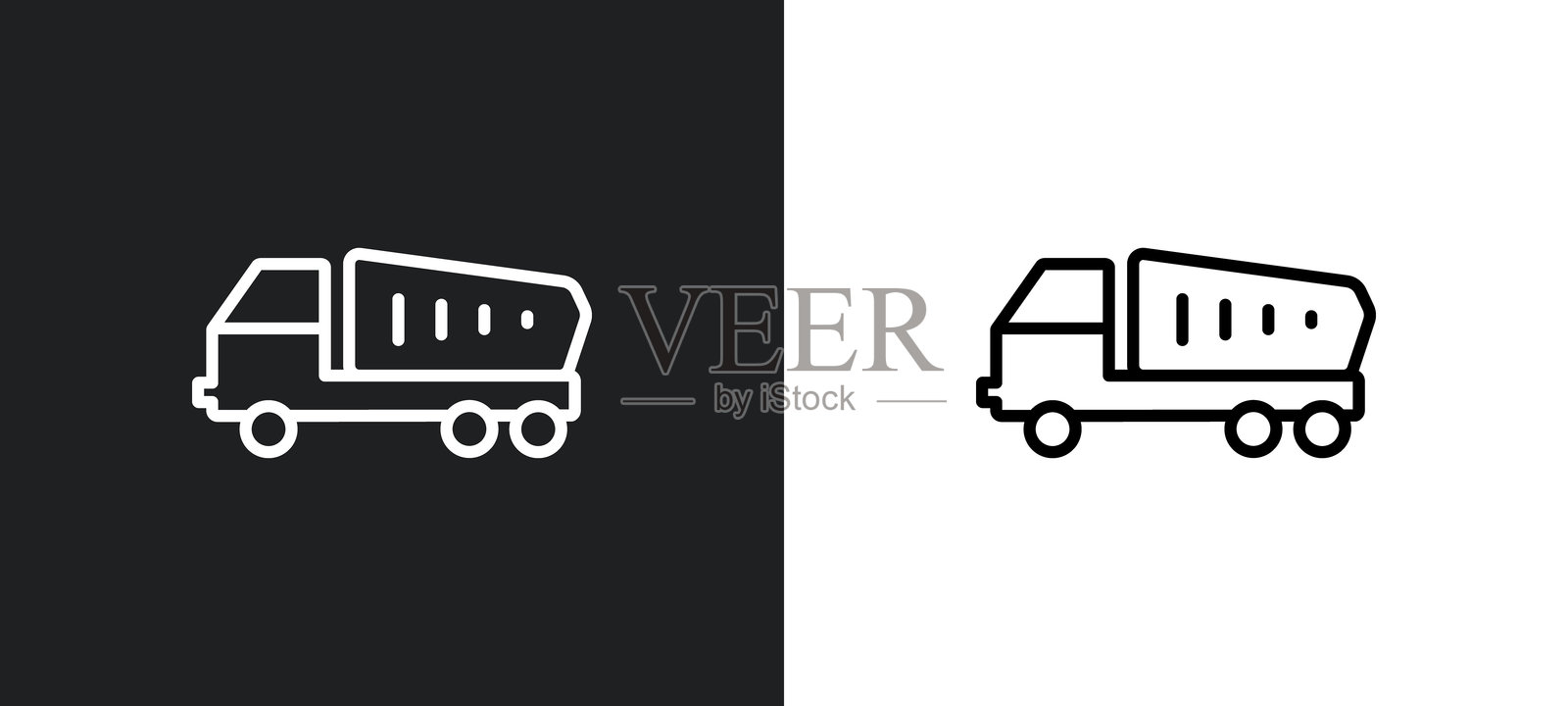 白色和黑色的自卸卡车轮廓图标。来自建筑系列的自卸卡车平面矢量图标，适用于网页、移动应用和用户界面。插画图片素材