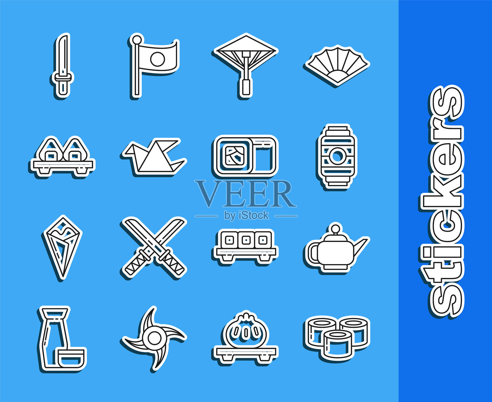 寿司、茶道、纸灯笼、遮阳伞、折纸鸟、切菜板、武士刀和图标。矢量图。插画图片素材