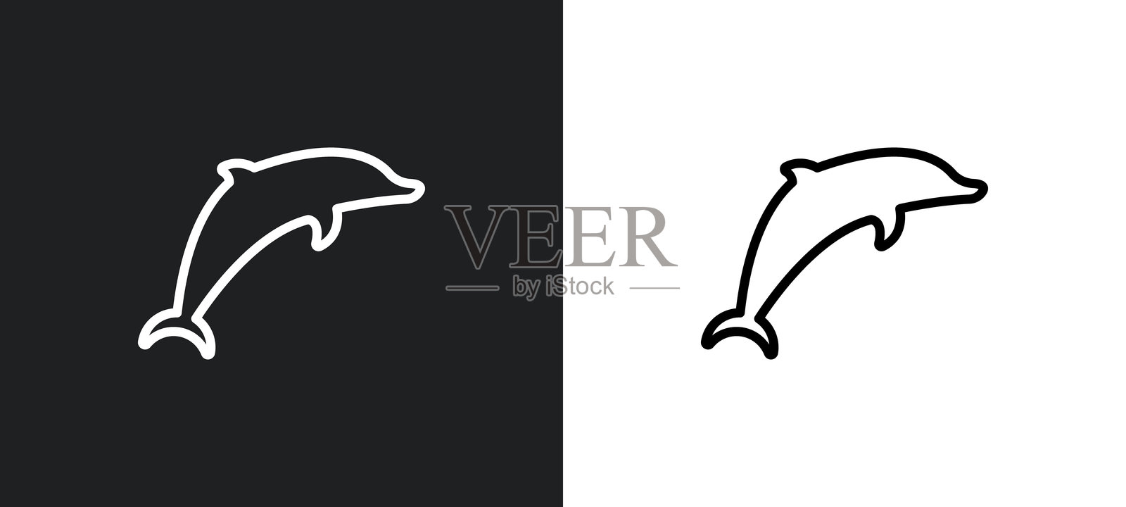 白色和黑色的跳跃海豚轮廓图标。来自动物系列的跳跃海豚扁平矢量图标，适用于网页、移动应用和用户界面。插画图片素材