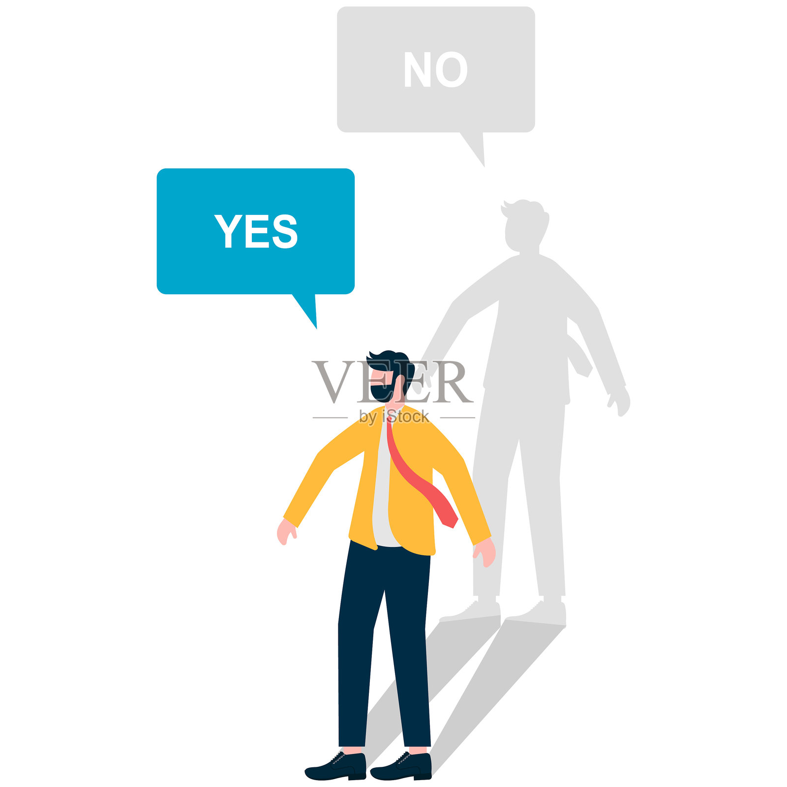 卡通商人手持写有“否”的标志，而他的影子则持有写有“是”的标志，心理暗示。插画图片素材
