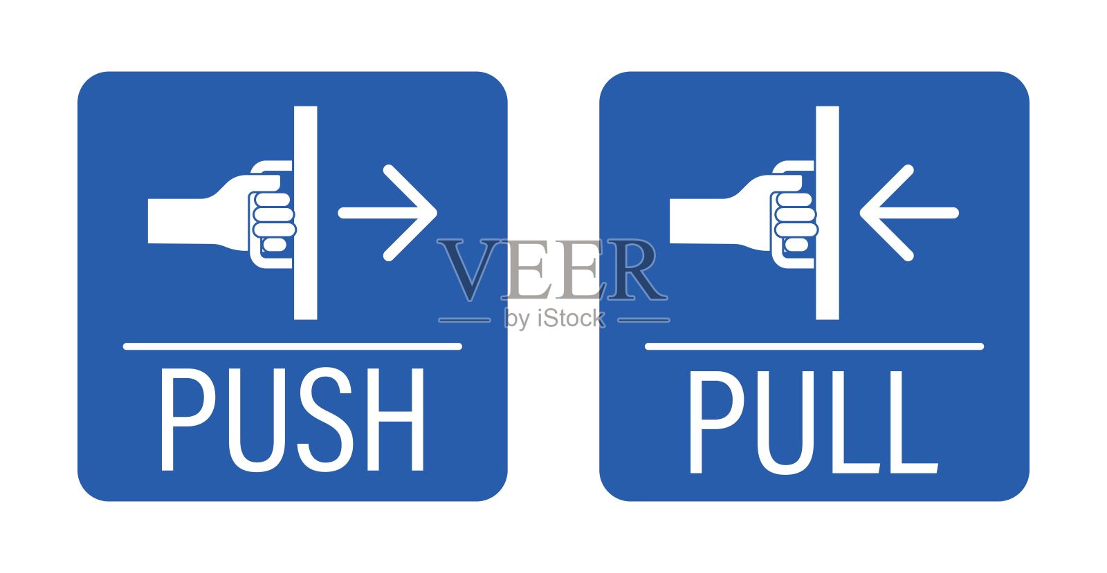 孤立的蓝色推拉门，进出门，带有插图的门把手标签标识。插画图片素材