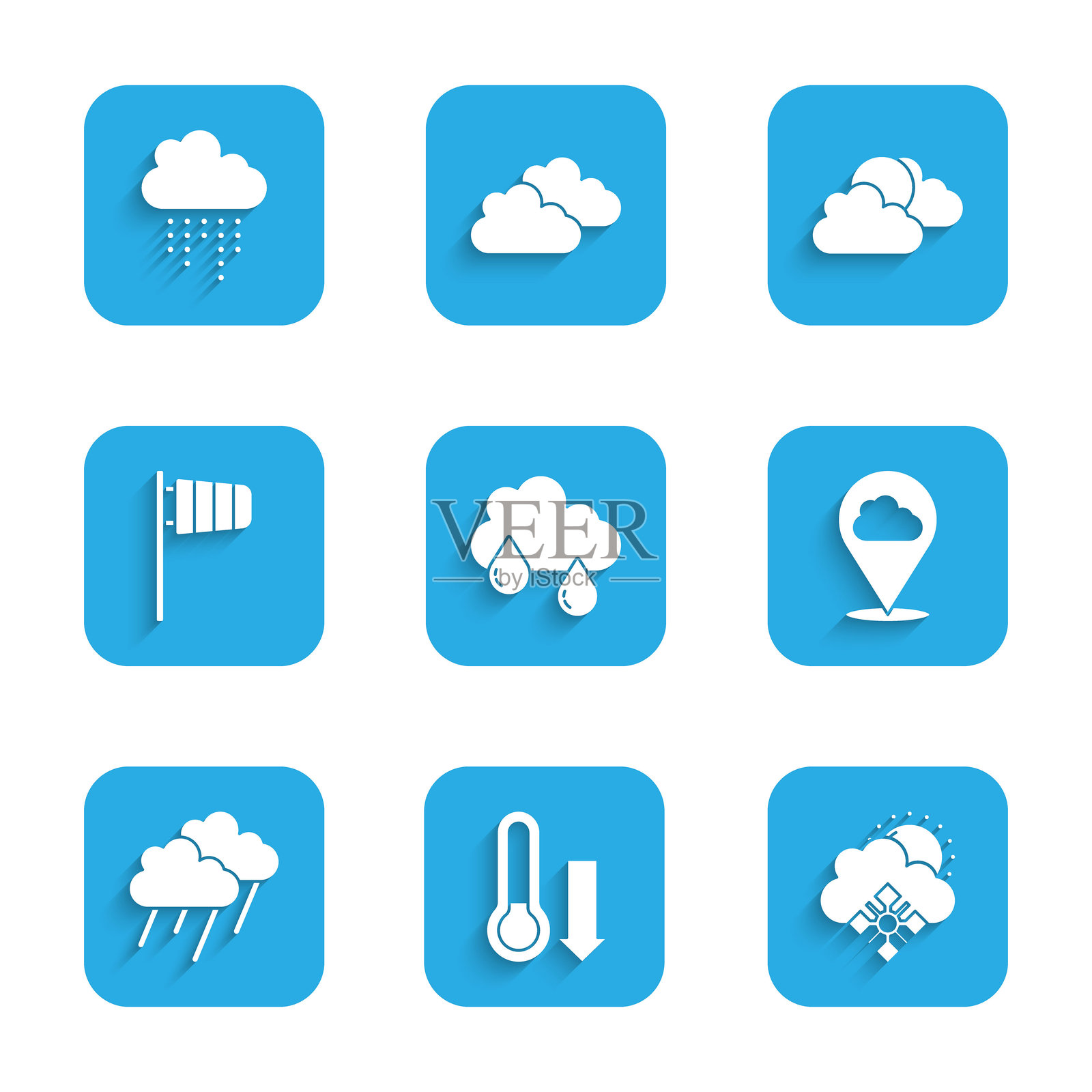 云朵与雨、气象温度计、雪与太阳、位置云、锥形风筒风向标、太阳天气与图标。矢量图插画图片素材