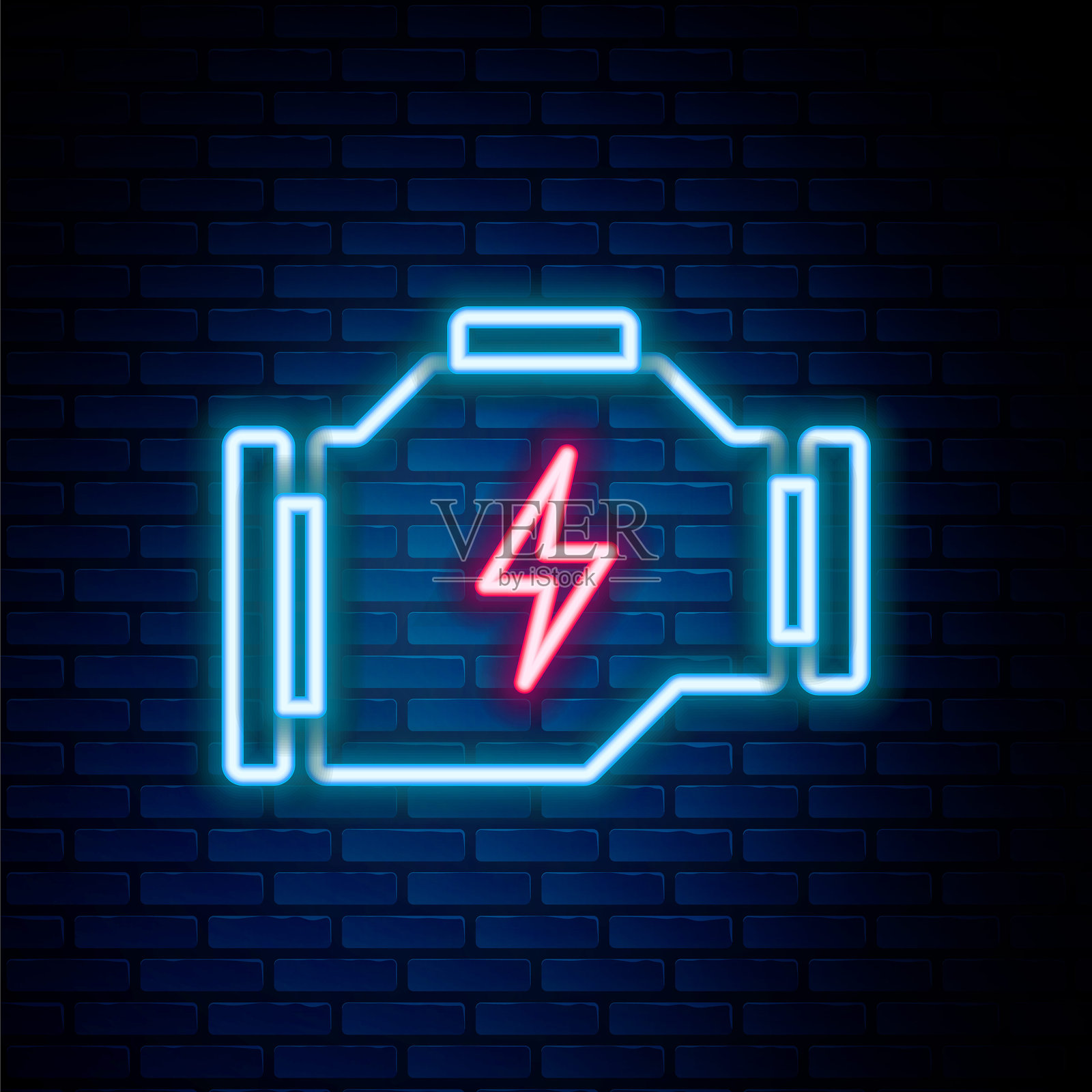 发光的霓虹线检查引擎图标，背景为砖墙。彩色轮廓概念。矢量图。插画图片素材