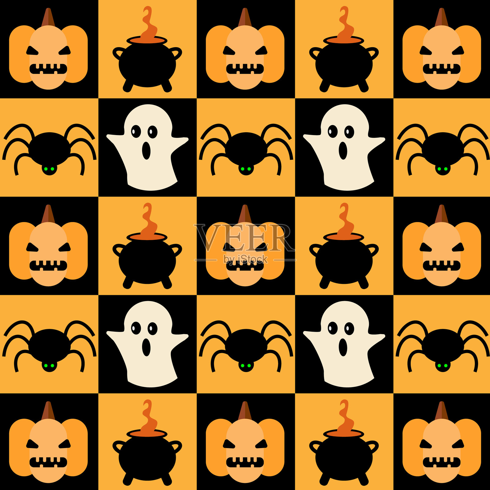 包豪斯风格的几何无缝图案，包含现代抽象形状和恐怖节日角色。插画图片素材