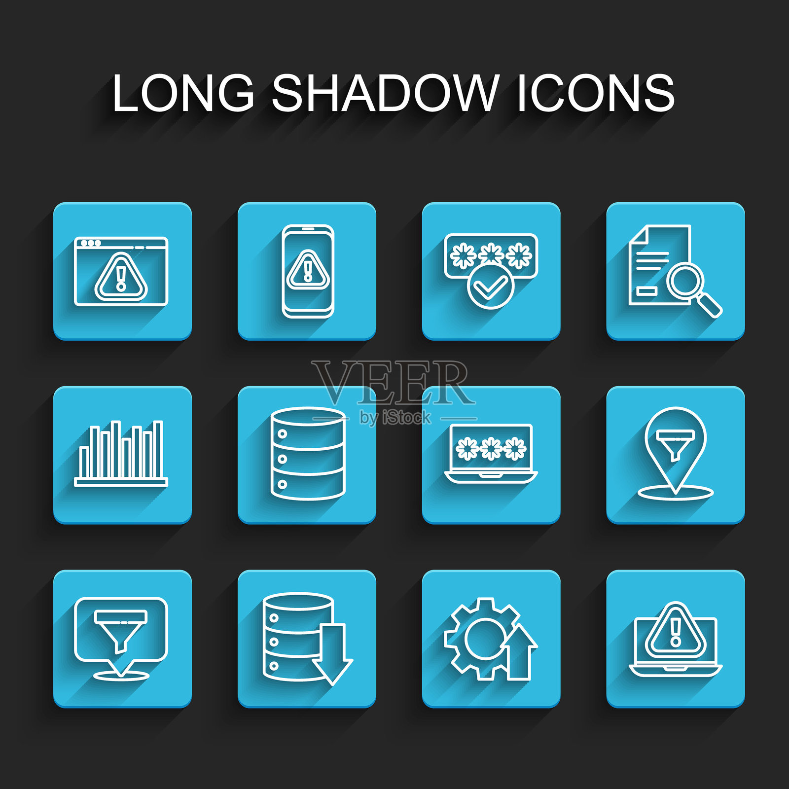 设置带有销售漏斗、服务器、数据、网络托管、浏览器感叹号、箭头增长齿轮、笔记本电脑和密码图标的线条位置。矢量图。插画图片素材