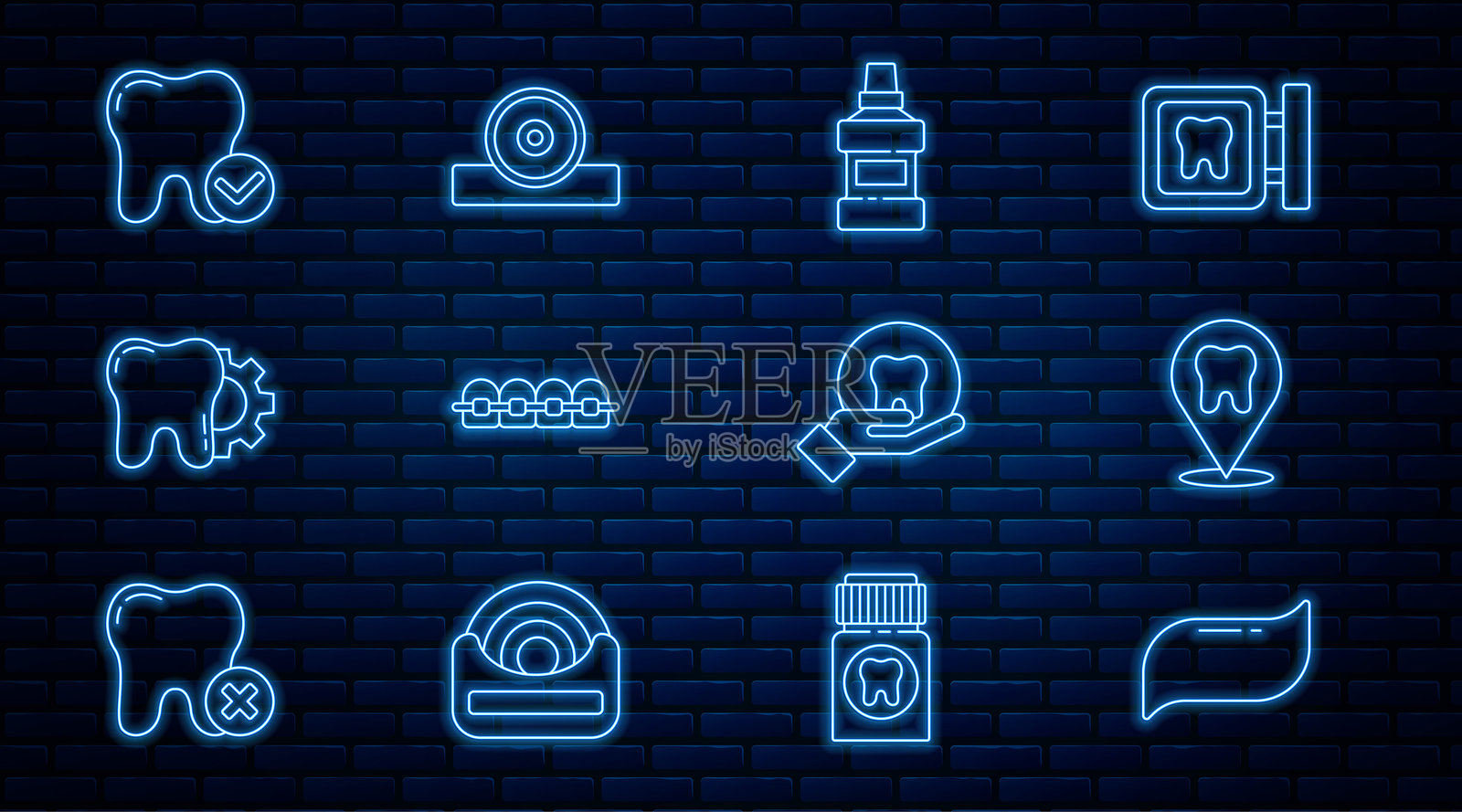 牙膏、牙科诊所位置、漱口水瓶、戴牙套的牙齿、治疗过程、美白概念和耳鼻喉科头部反射器图标。矢量图。插画图片素材