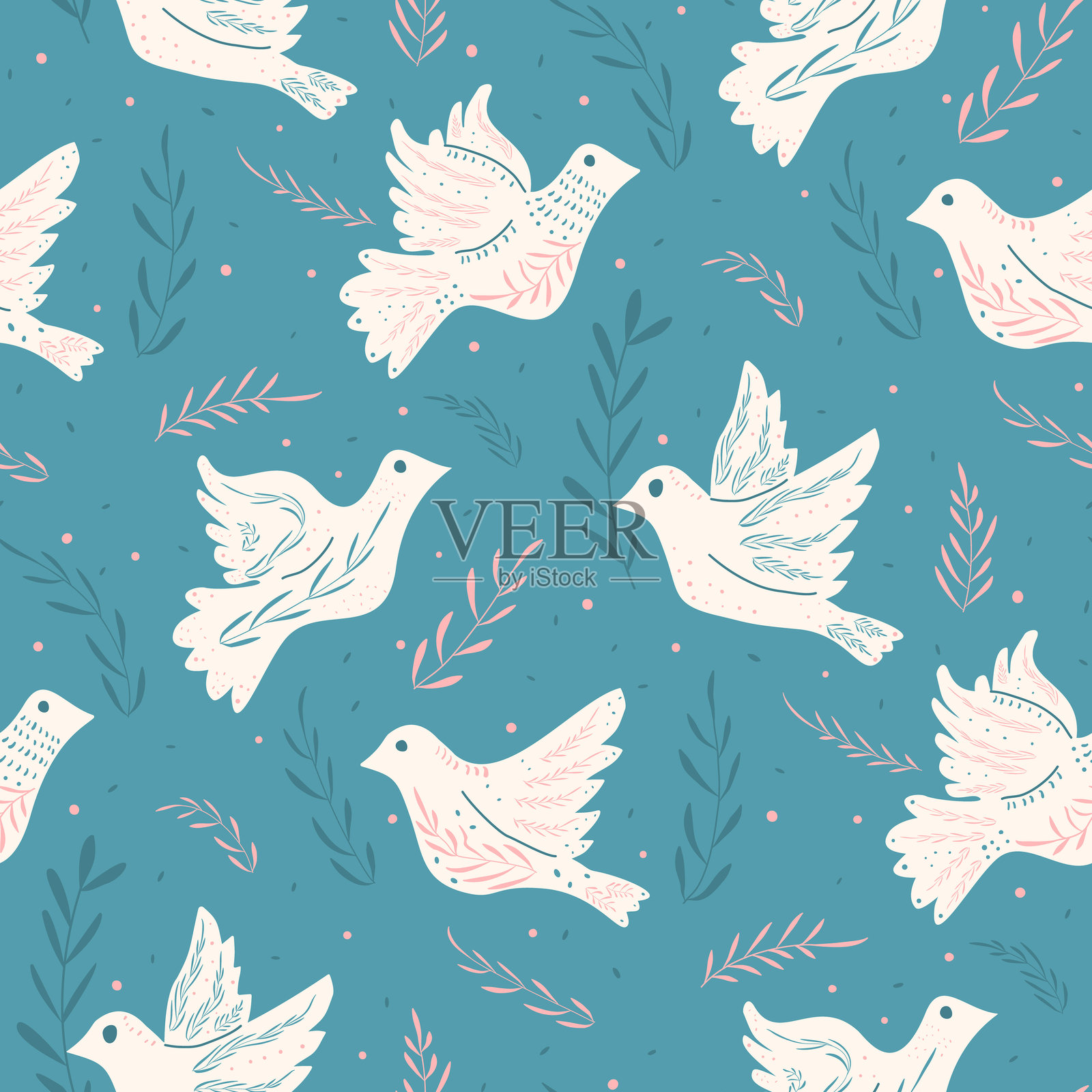 和平鸽无缝图案。飞翔的鸽子在青色天空中衔着橄榄枝的重复背景。表面图案设计节日鸟类主题。矢量手绘插图。插画图片素材