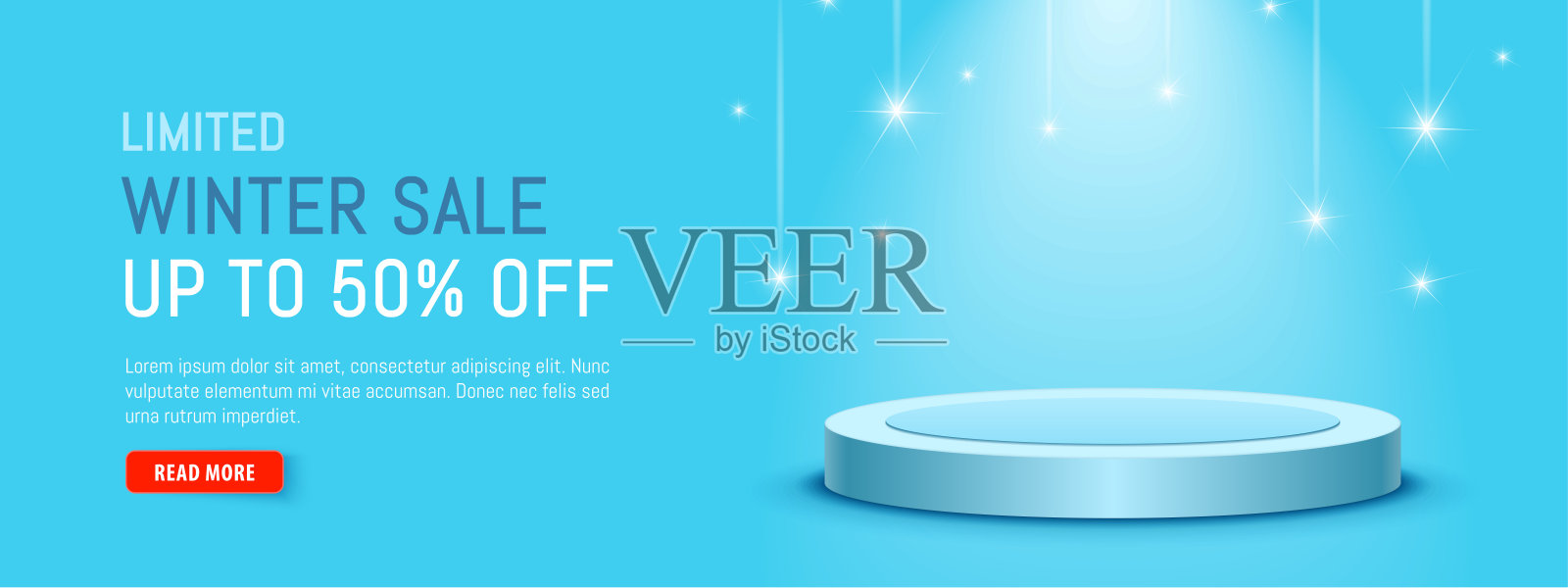 蓝色圆形3D领奖台。蓝色背景上有流星。获胜者的基座。空旷工作室中的聚光灯。带红色按钮的横幅。插画图片素材