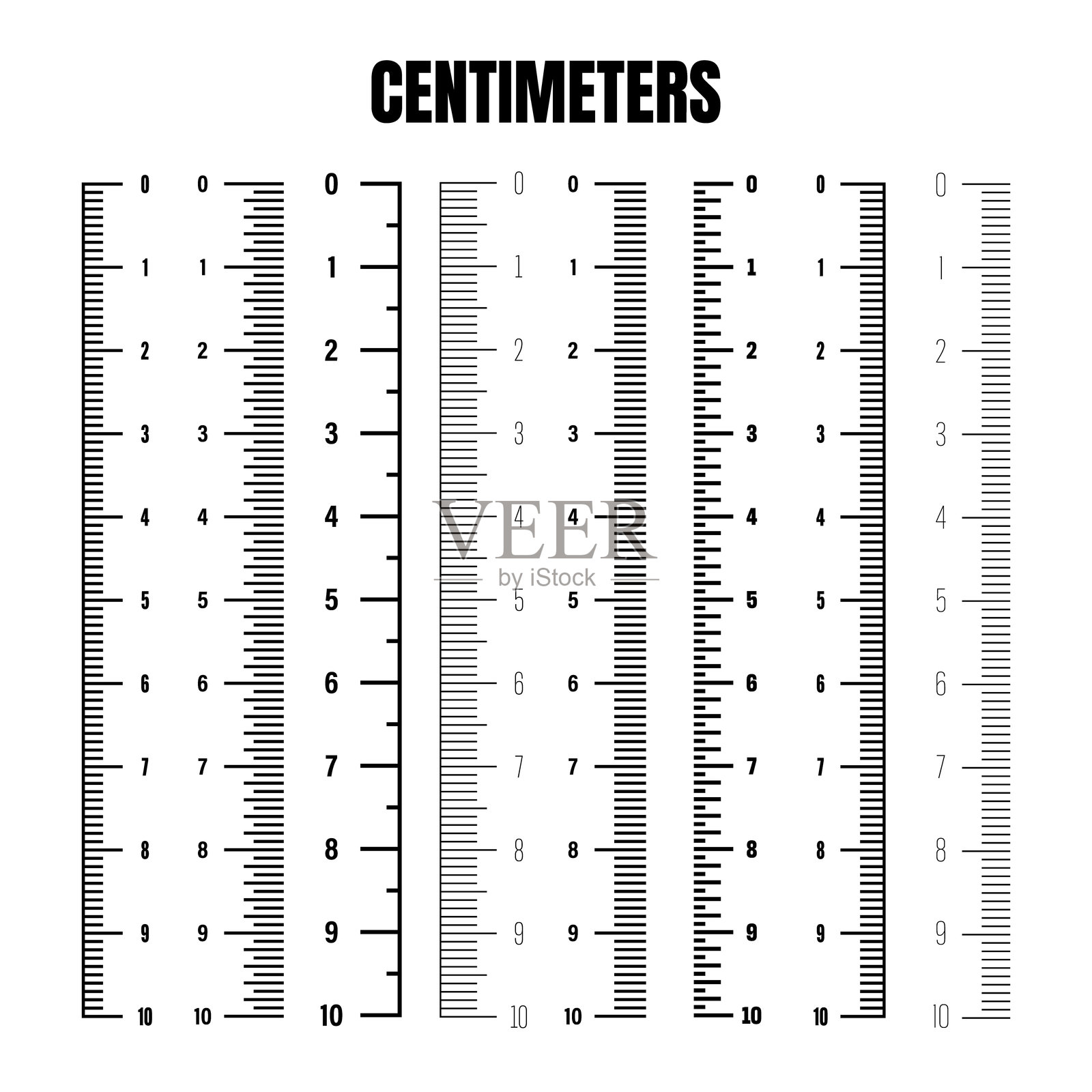 用于测量长度或高度的垂直厘米刻度。各种带有分度的测量刻度。尺子、卷尺标记、尺寸指示器。矢量插图插画图片素材