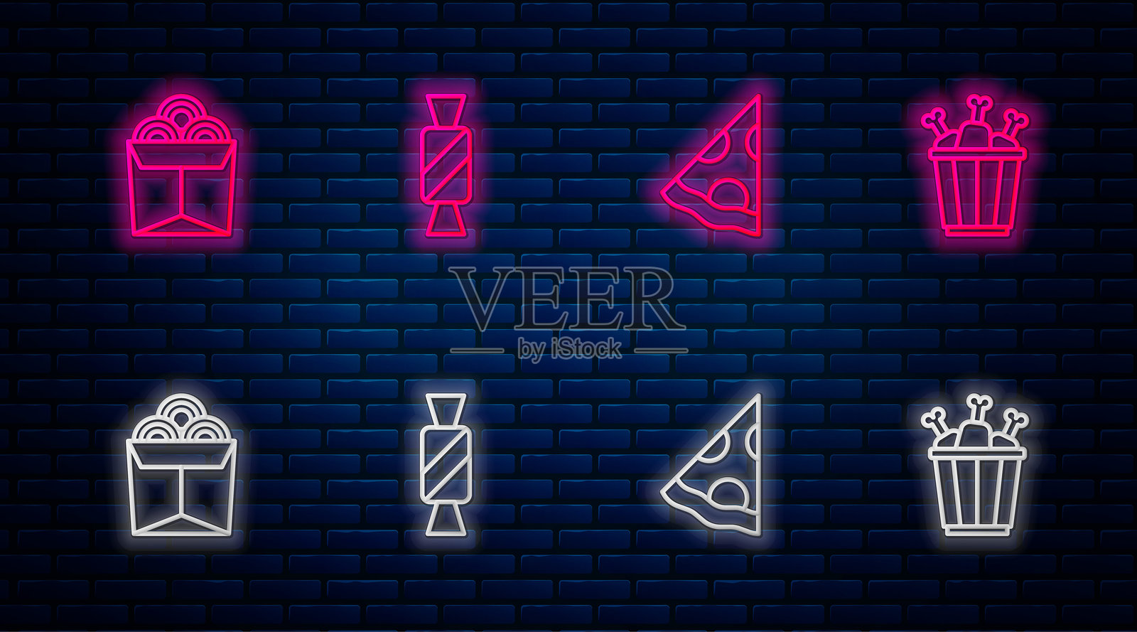 糖果、披萨片、盒装面条和鸡腿包装的图标。砖墙上的发光霓虹灯图标。矢量图。插画图片素材