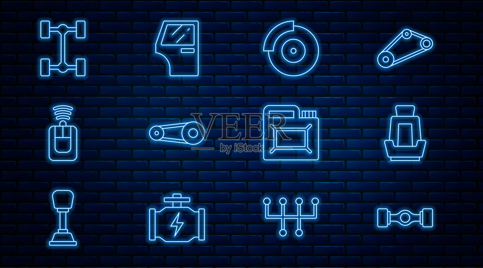 汽车底盘线条，汽车座椅，带卡钳的刹车盘，正时皮带套件，遥控钥匙，机油罐和门图标。矢量图。插画图片素材