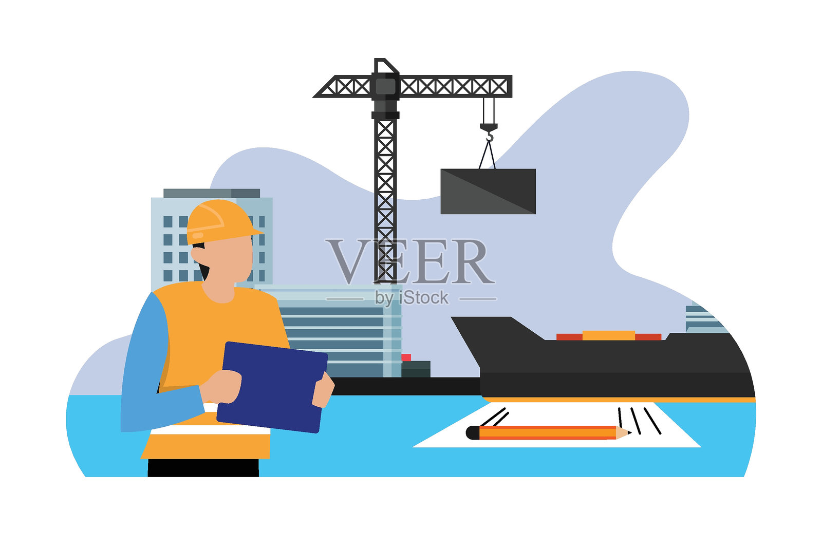 现代城市景观中的建筑工地，工人、起重机和建筑材料的2D平面矢量插图插画图片素材