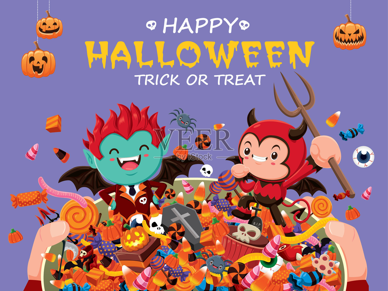 复古万圣节海报设计，包含矢量恶魔和吸血鬼角色。插画图片素材