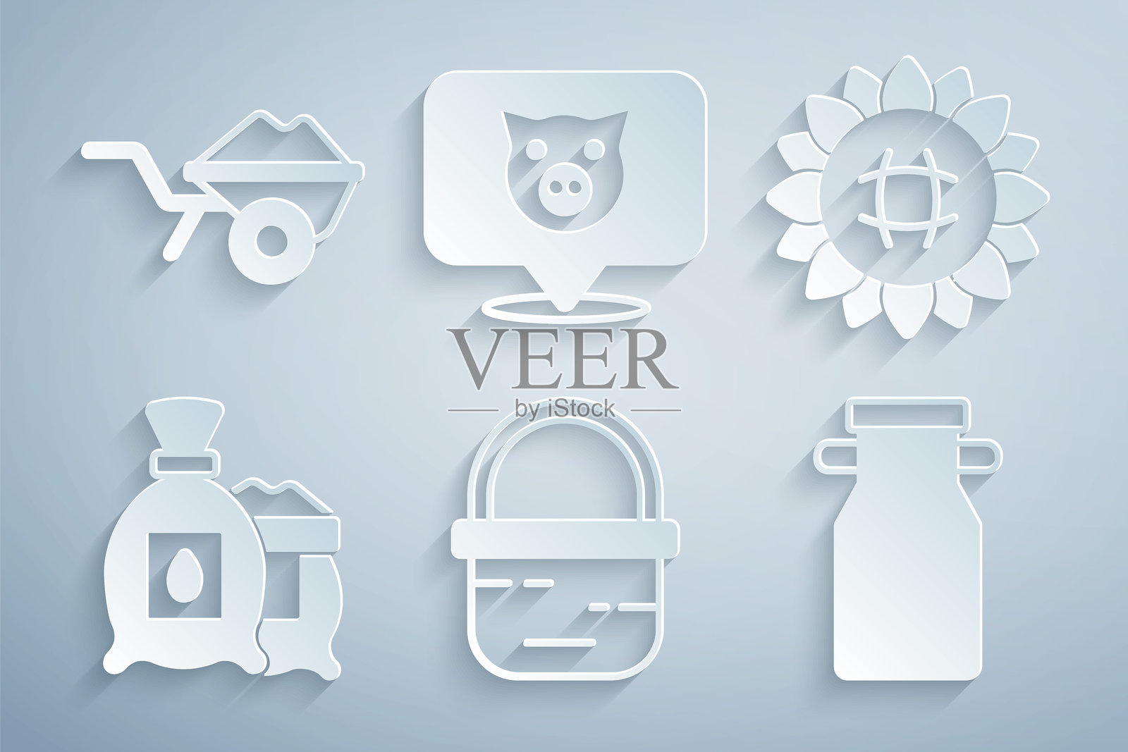 装满植物种子的向日葵篮子，牛奶容器，猪和装有泥土的手推车图标。矢量图。插画图片素材