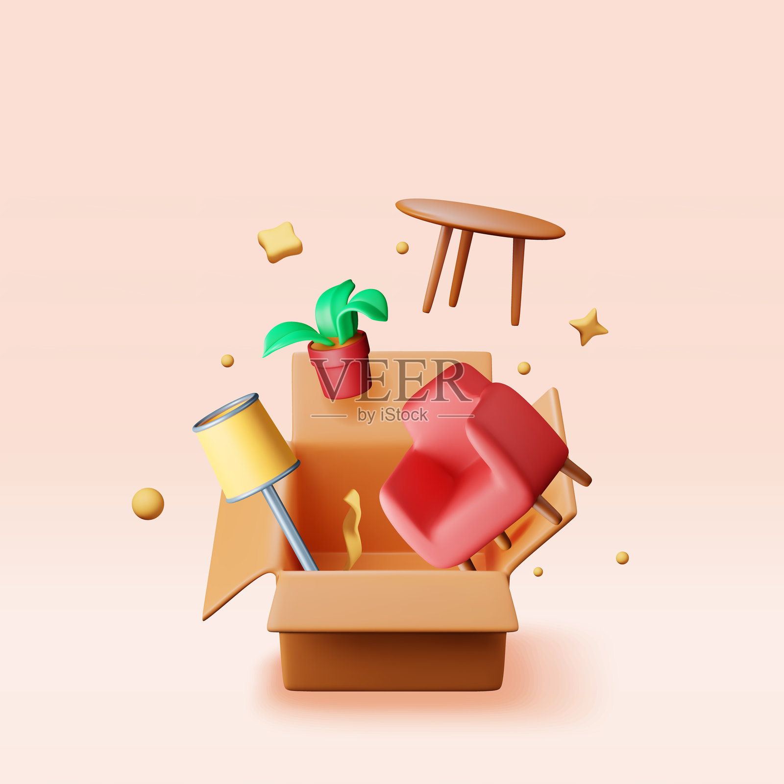 3D打开的纸箱，里面装有家居用品，背景为白色。插画图片素材