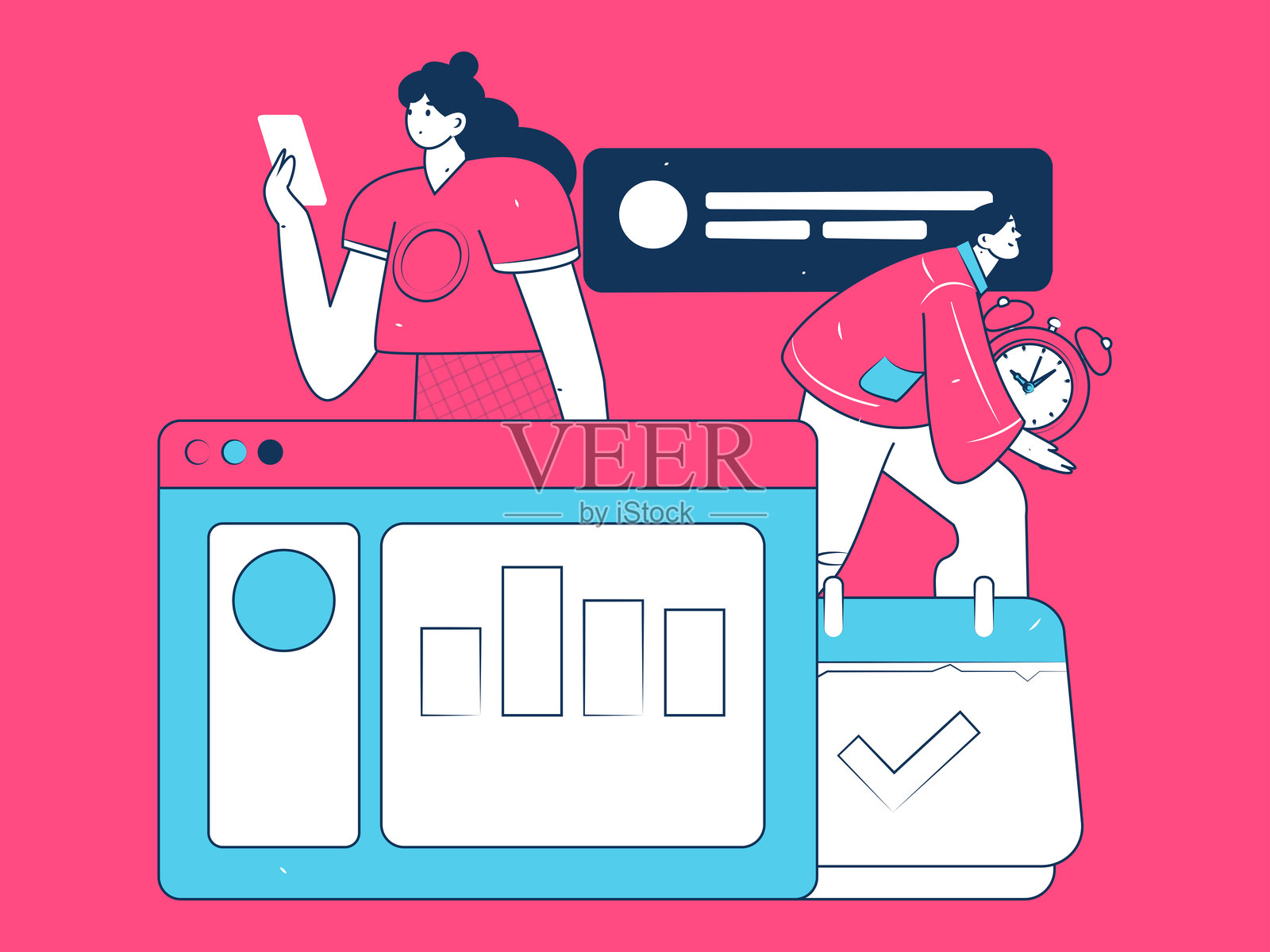 平面矢量插图展示商务人士在工作场景中操作插画图片素材