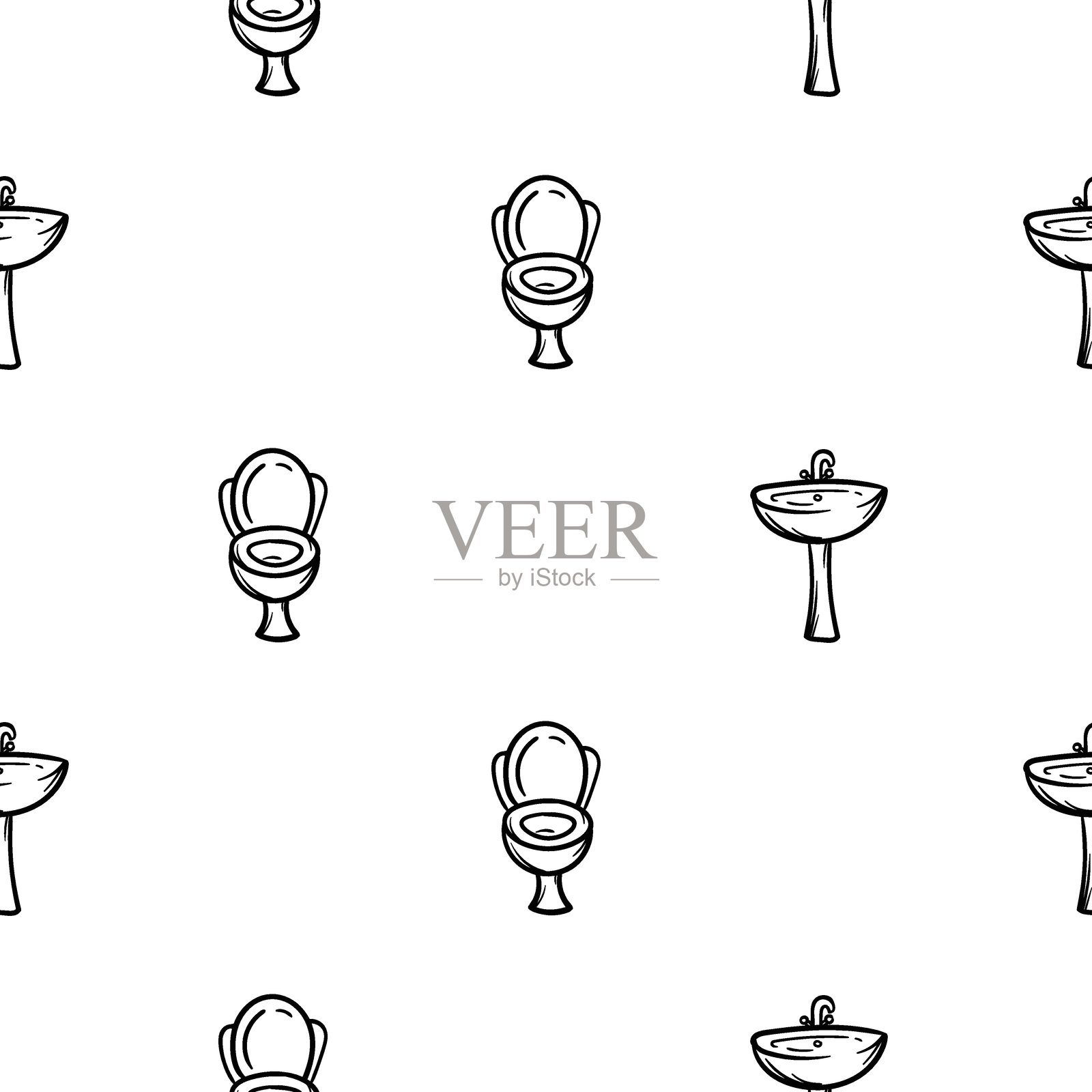 简单的黑白无缝图案，包含马桶和洗手池。适用于商店、清洁公司设计以及清洁服务广告的矢量背景。插画图片素材