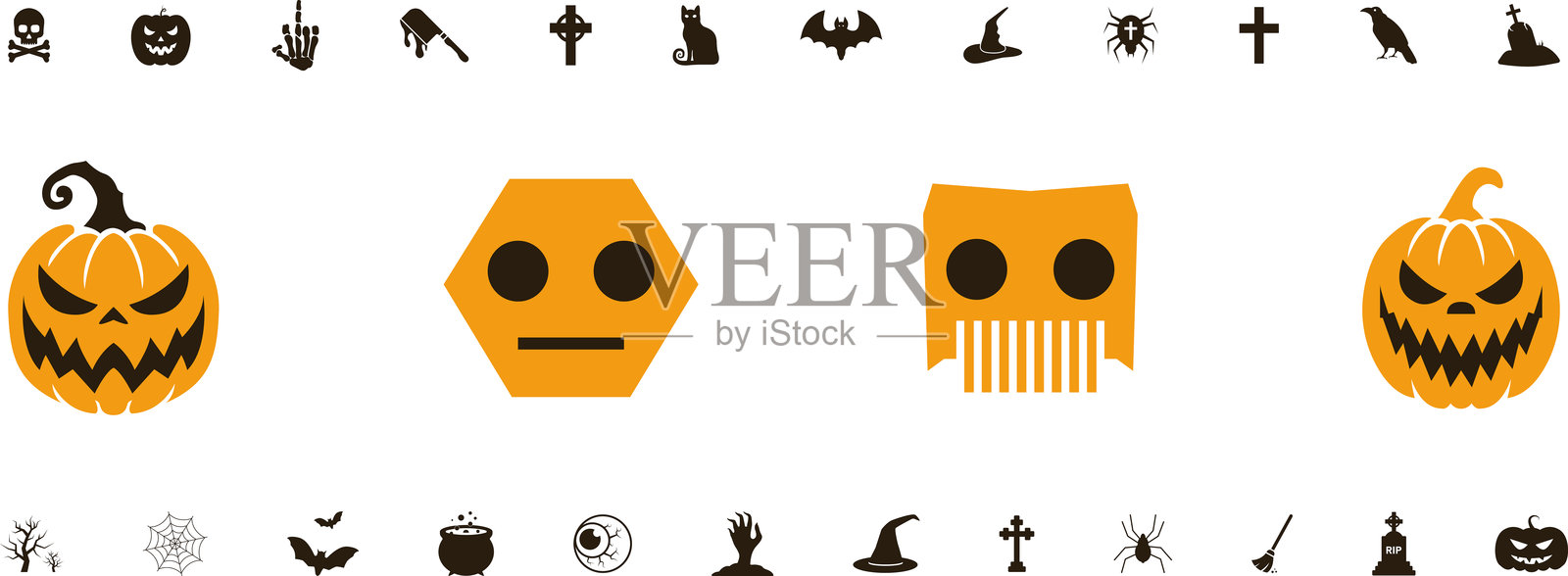 恐怖和可怕面孔及其他万圣节符号剪影图标集。万圣节南瓜、表情符号和纹身鬼魂微笑、恐怖杰克、邪恶的嘴巴、眼睛可怕 - 矢量插图。插画图片素材