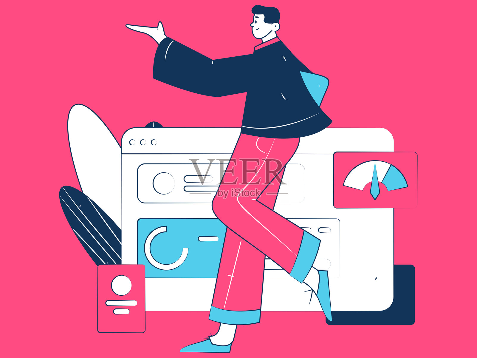 平面矢量插图展示商务人士在工作场景中操作插画图片素材