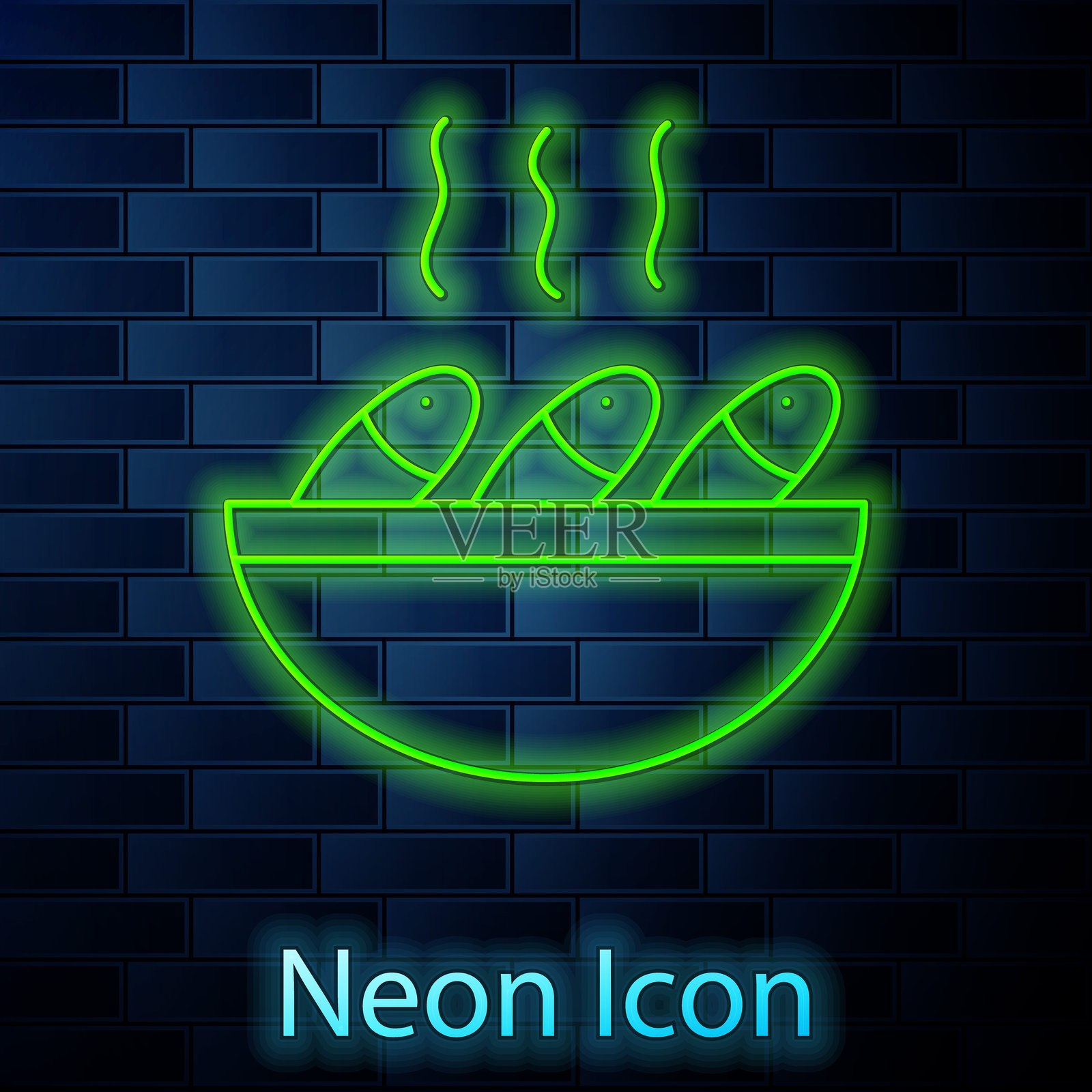 发光的霓虹线鱼汤图标，背景为砖墙。矢量图。插画图片素材
