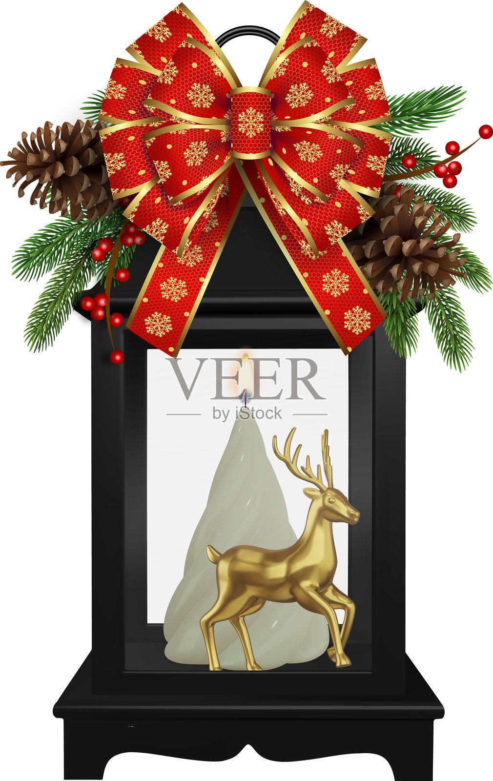 孤立的圣诞灯笼，里面有圣诞树形状的蜡烛和金色的驯鹿。黑色装饰灯笼上装饰着松果、树枝、浆果和蝴蝶结。插画图片素材