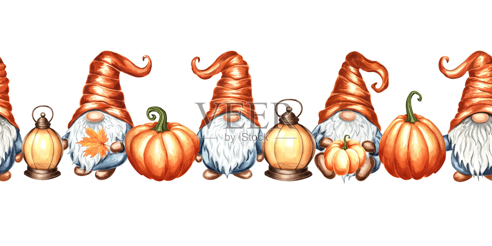 拿着南瓜和灯笼的侏儒。秋季无缝边框。感恩节或万圣节的秋季重复图案。手绘水彩插图，独立设计。适用于包装纸、面料、网站的模板。插画图片素材